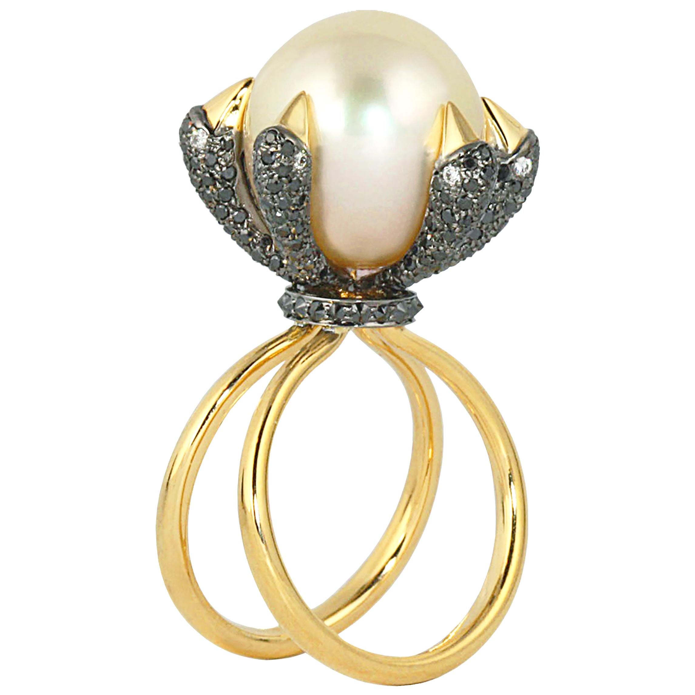 Ico & the Bird Fine Jewelry 14m South Sea Pearl 1.33 carat Diamond Bird Ring  For Sale