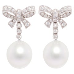 South Sea Pearl Diamond Bow Design Drop Earrings by Ella Gafter
