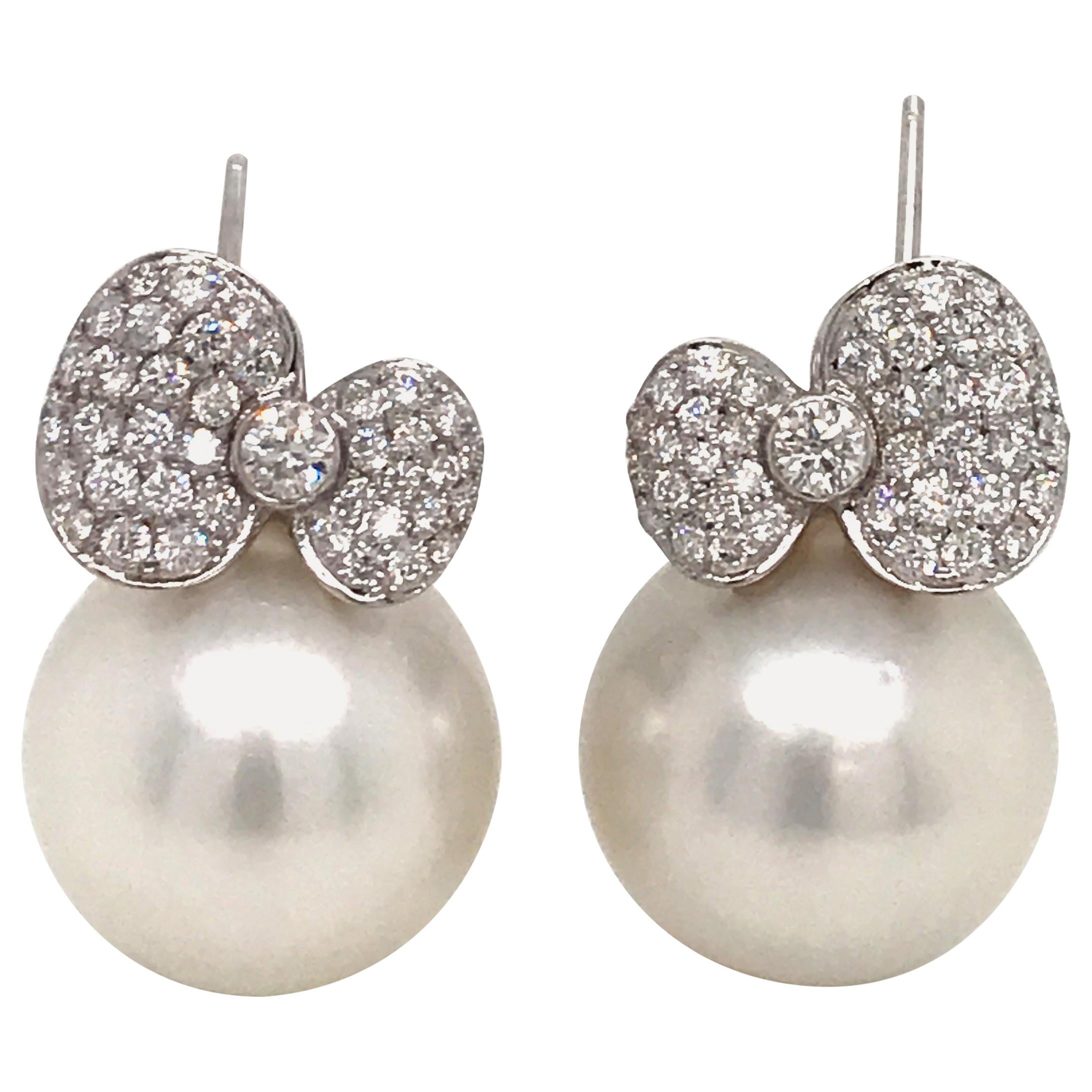 South Sea Pearl Diamond Bow Drop Earrings 0.14 Carat 18 Karat White Gold