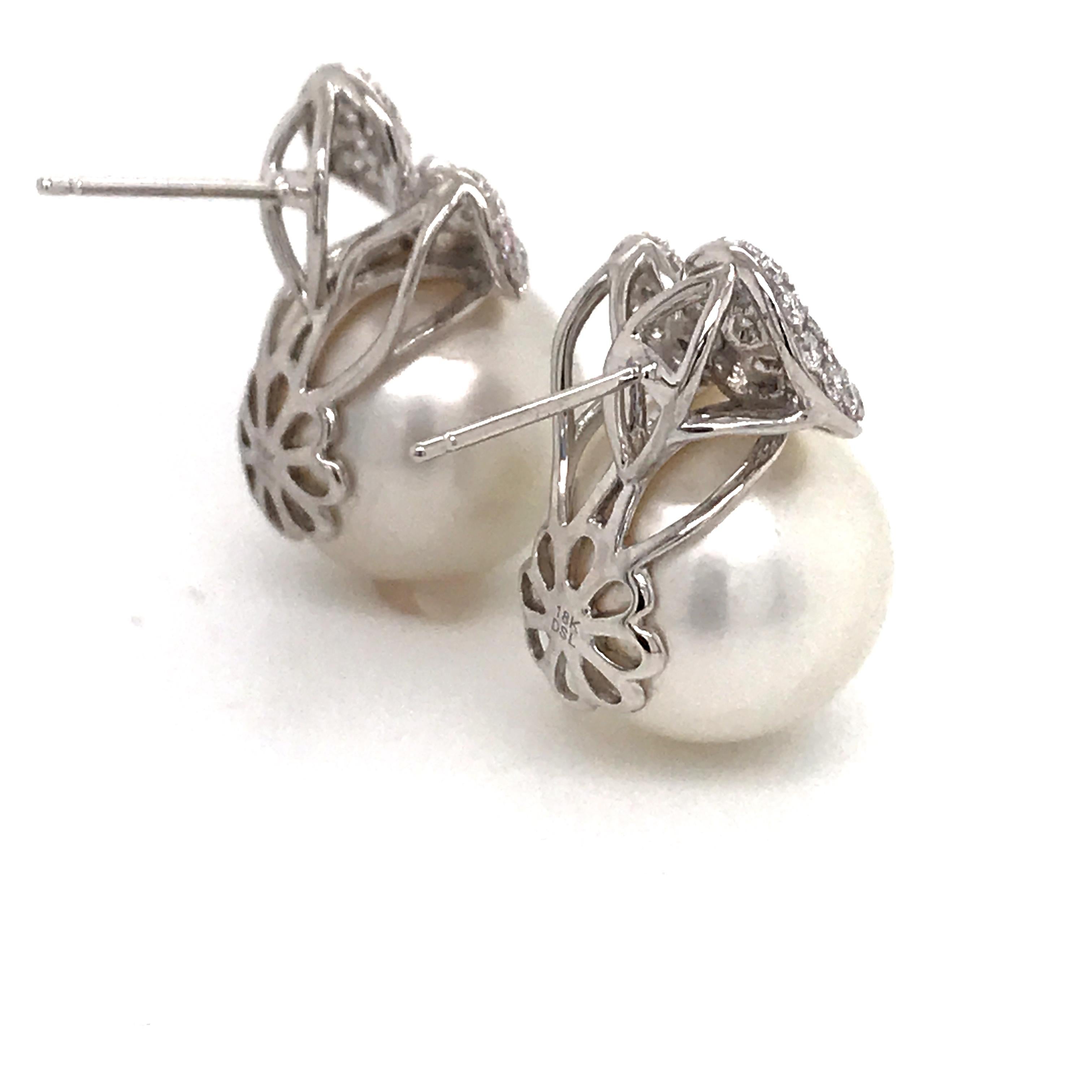 Contemporary South Sea Pearl Diamond Bow Drop Earrings 0.14 Carat 18 Karat White Gold For Sale