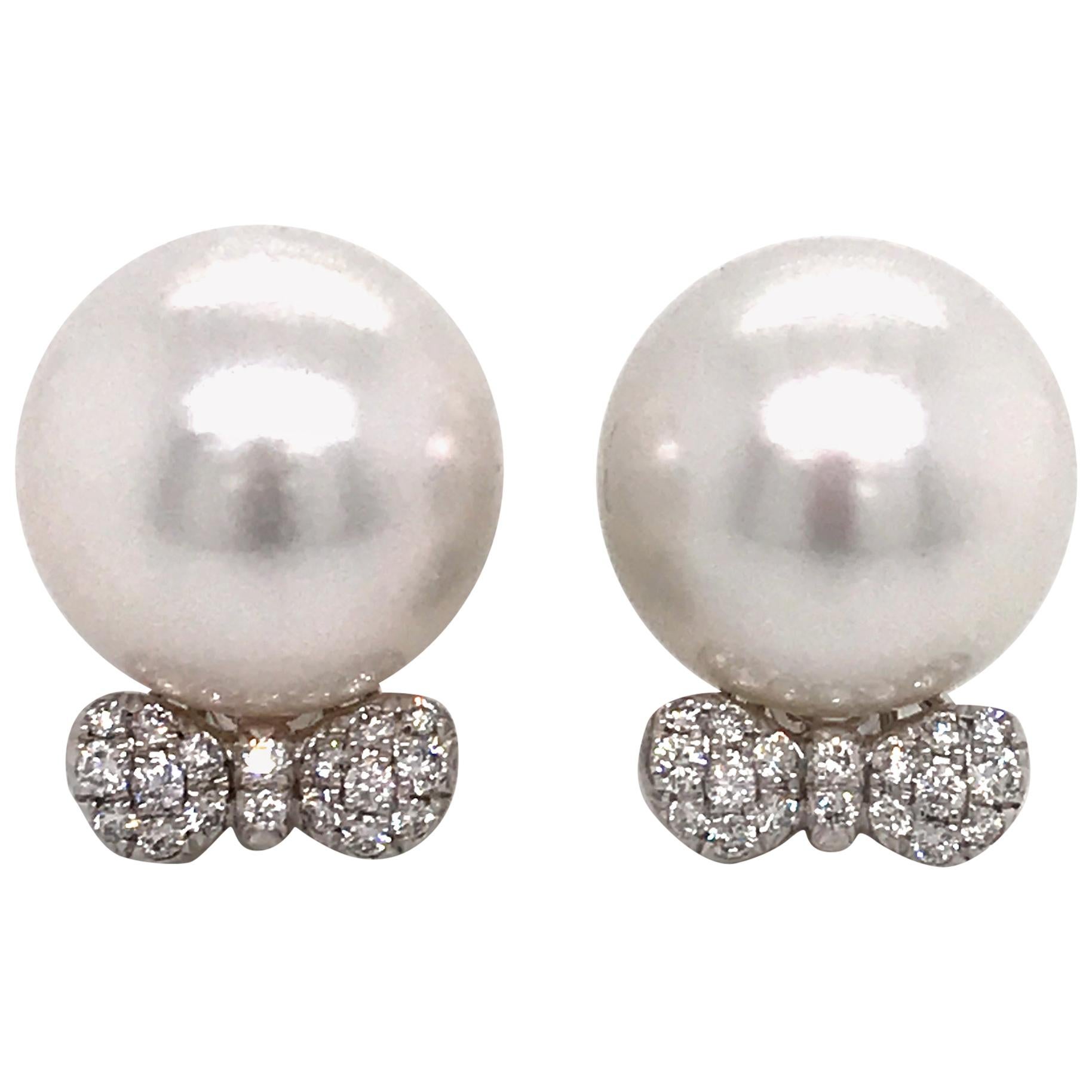 South Sea Pearl Diamond Bow Earrings 0.36 Carat 18 Karat White Gold For Sale