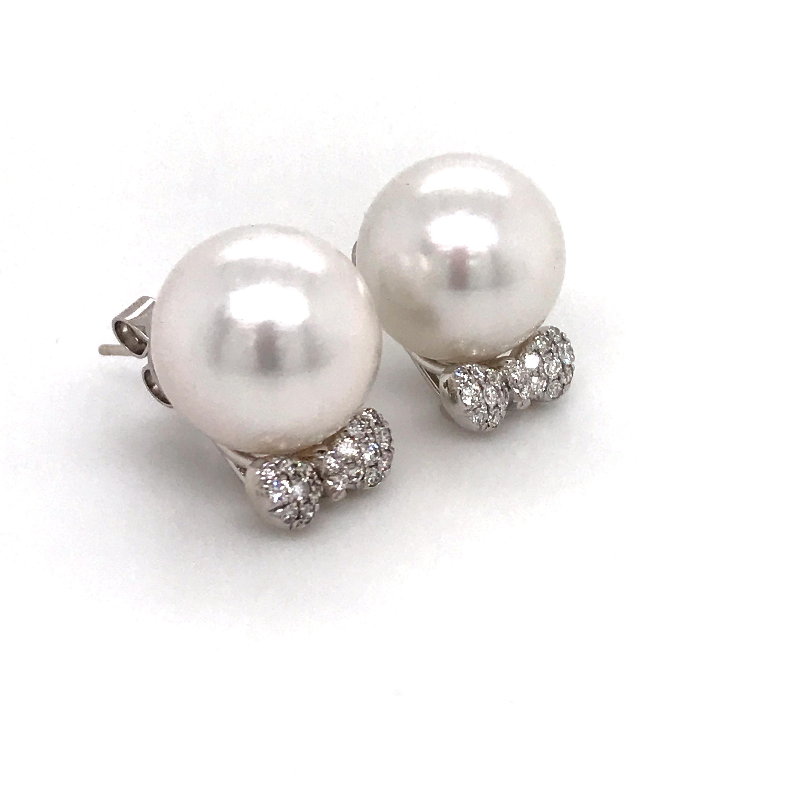 Contemporary South Sea Pearl Diamond Bow Earrings 0.36 Carat 18 Karat White Gold For Sale