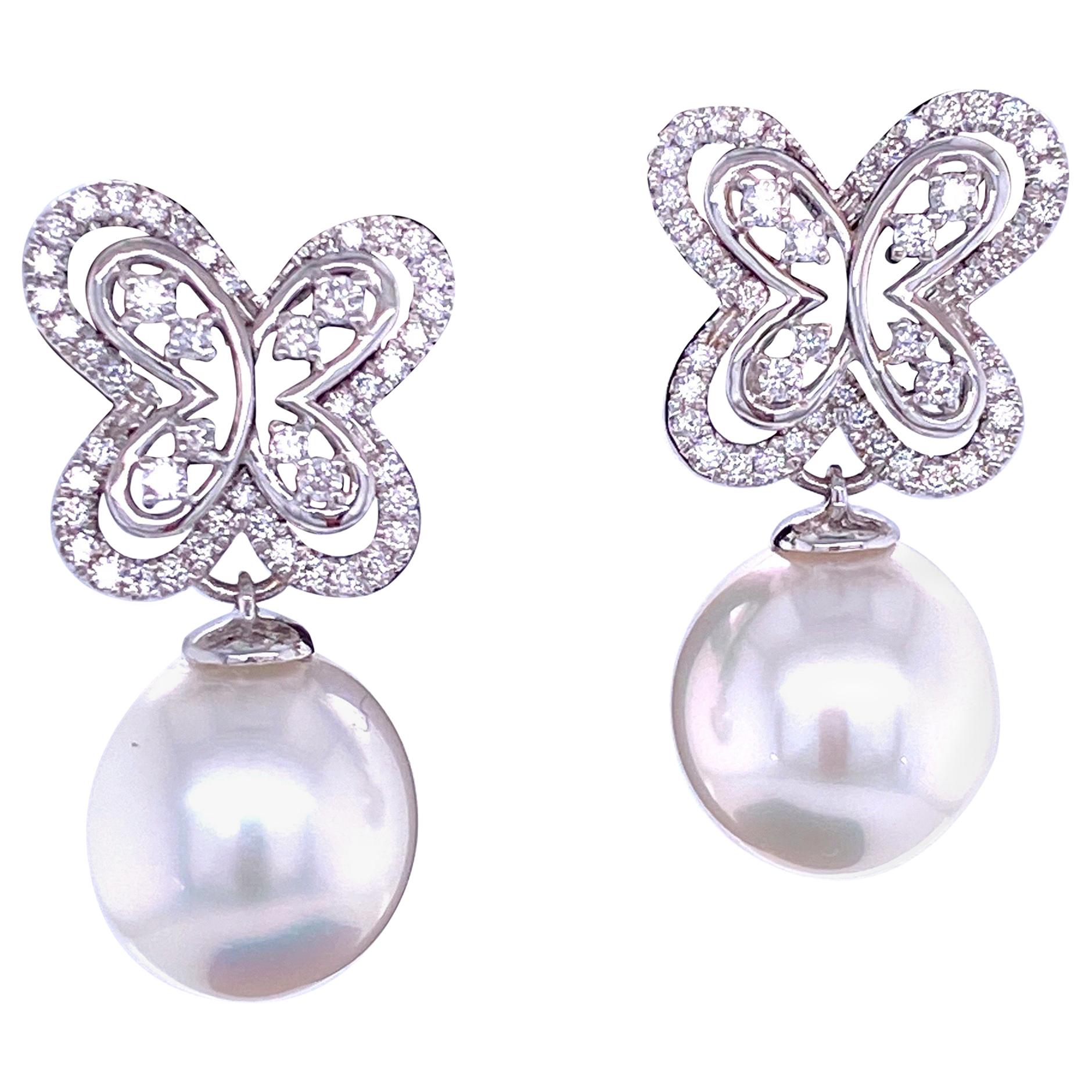 South Sea Pearl Diamond Butterfly Drop Earrings 0.54 Carat 18 Karat White Gold For Sale