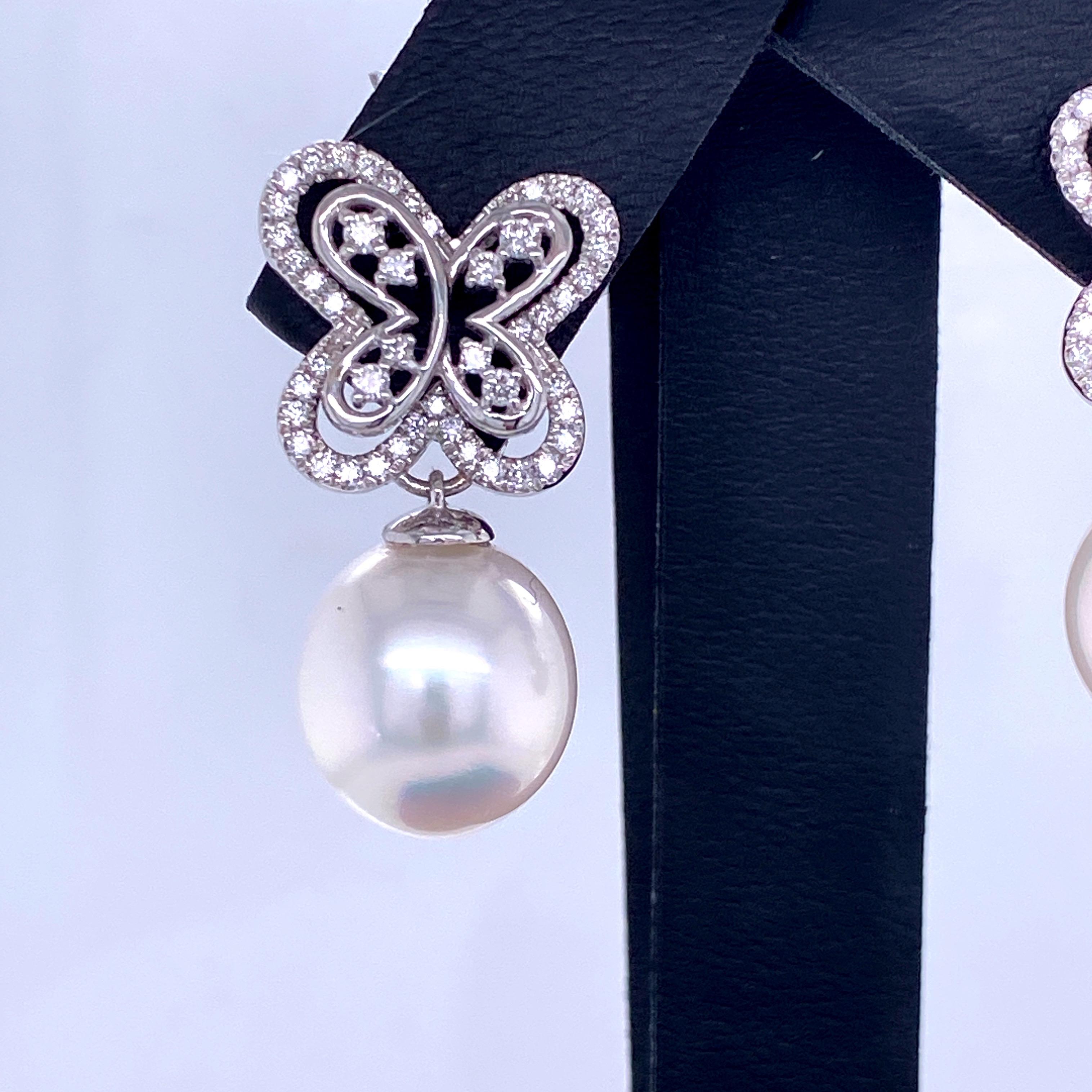 Contemporary South Sea Pearl Diamond Butterfly Drop Earrings 0.54 Carat 18 Karat White Gold For Sale