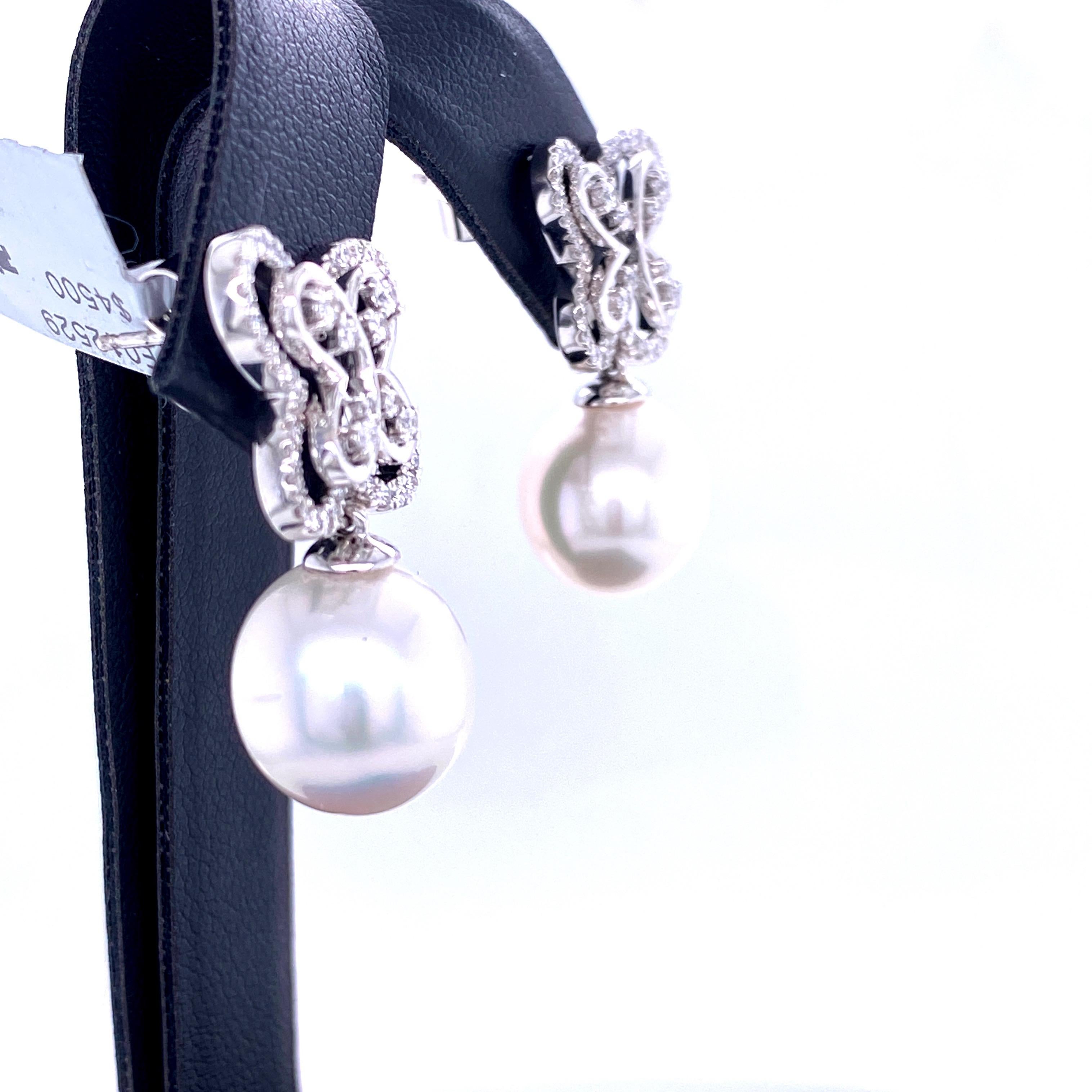 Round Cut South Sea Pearl Diamond Butterfly Drop Earrings 0.54 Carat 18 Karat White Gold For Sale