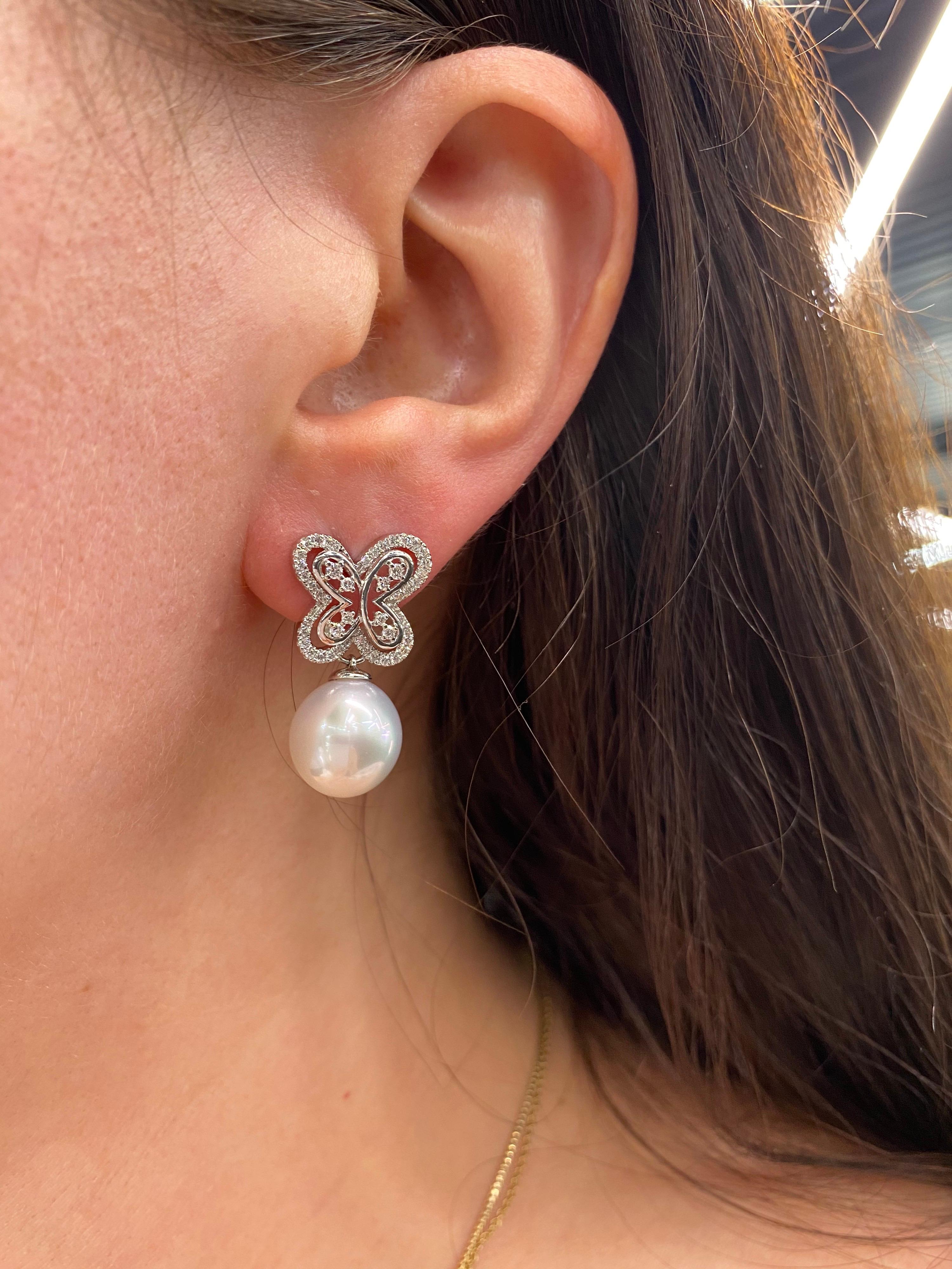 South Sea Pearl Diamond Butterfly Drop Earrings 0.54 Carat 18 Karat White Gold For Sale 2
