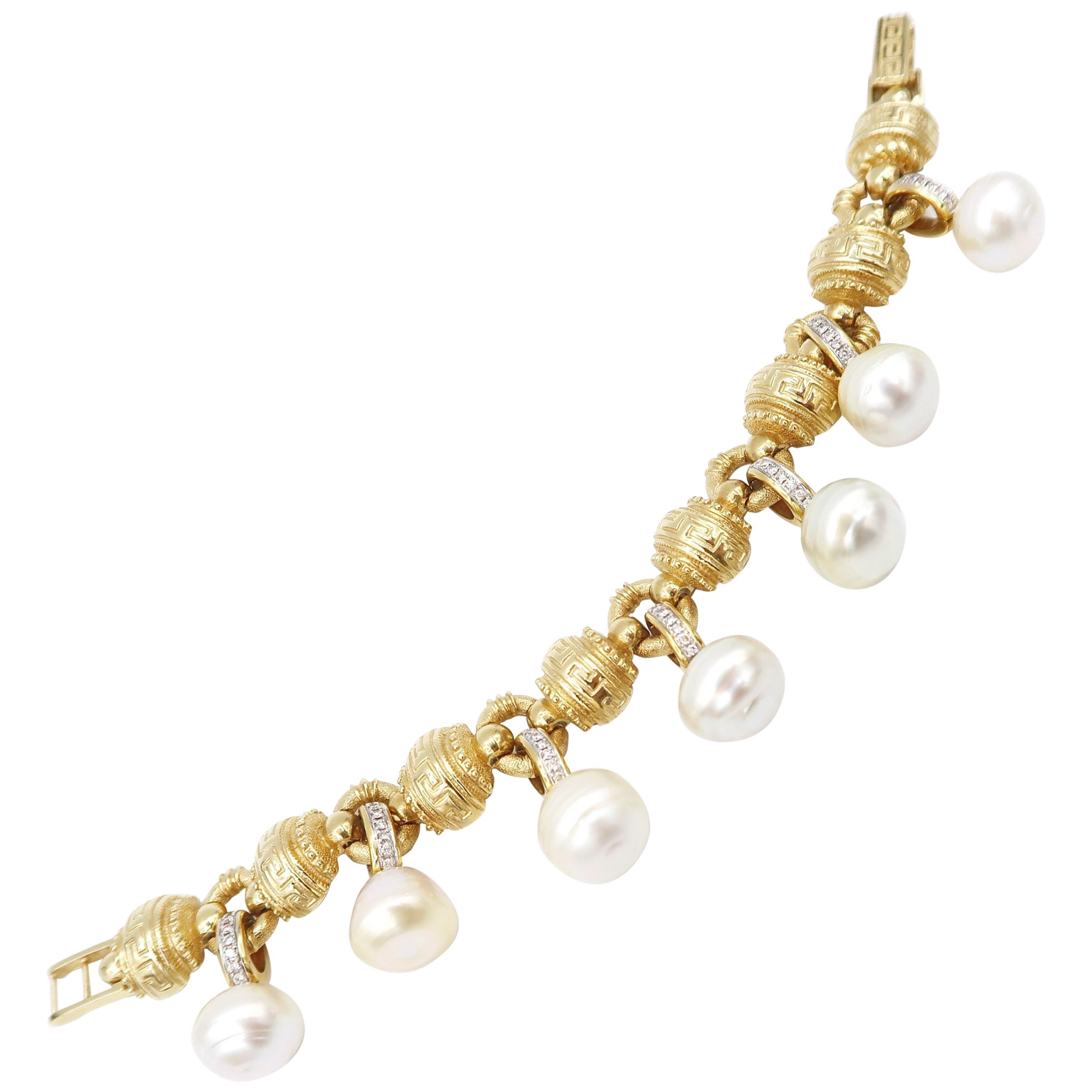 South Sea Pearl Diamond Charm Meander Pattern Greek Fret Key Gold Bracelet For Sale