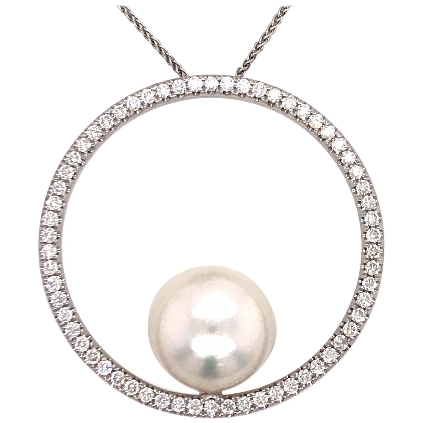 South Sea Pearl Diamond Circle Pendant 1.04 Carat 18 Karat White Gold For Sale