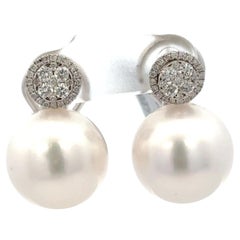 South Sea Pearl Diamond Cluster Drop Earrings 0.54 Carats 18 Karat White Gold