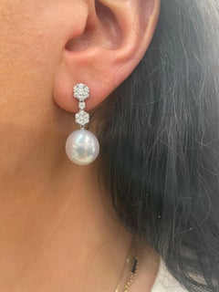 South Sea Pearl Diamond Cluster Drop Earrings 0.79 Carats 18K White Gold