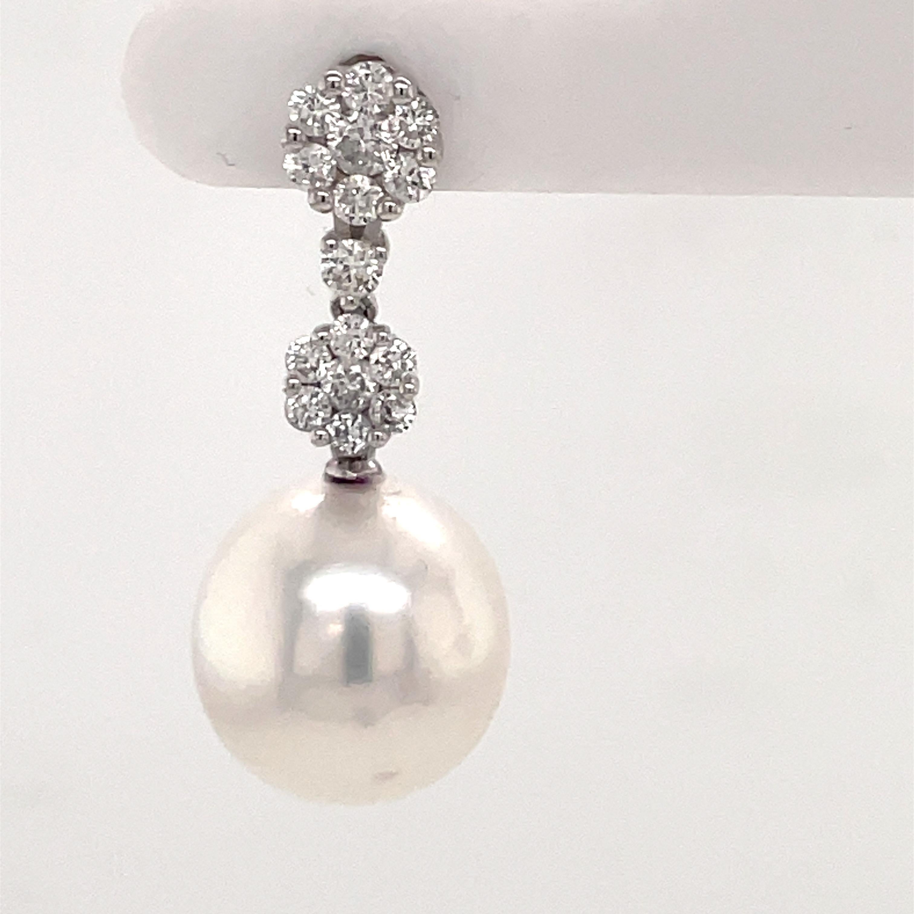 Contemporary South Sea Pearl Diamond Cluster Drop Earrings 0.79 Carats 18K White Gold For Sale