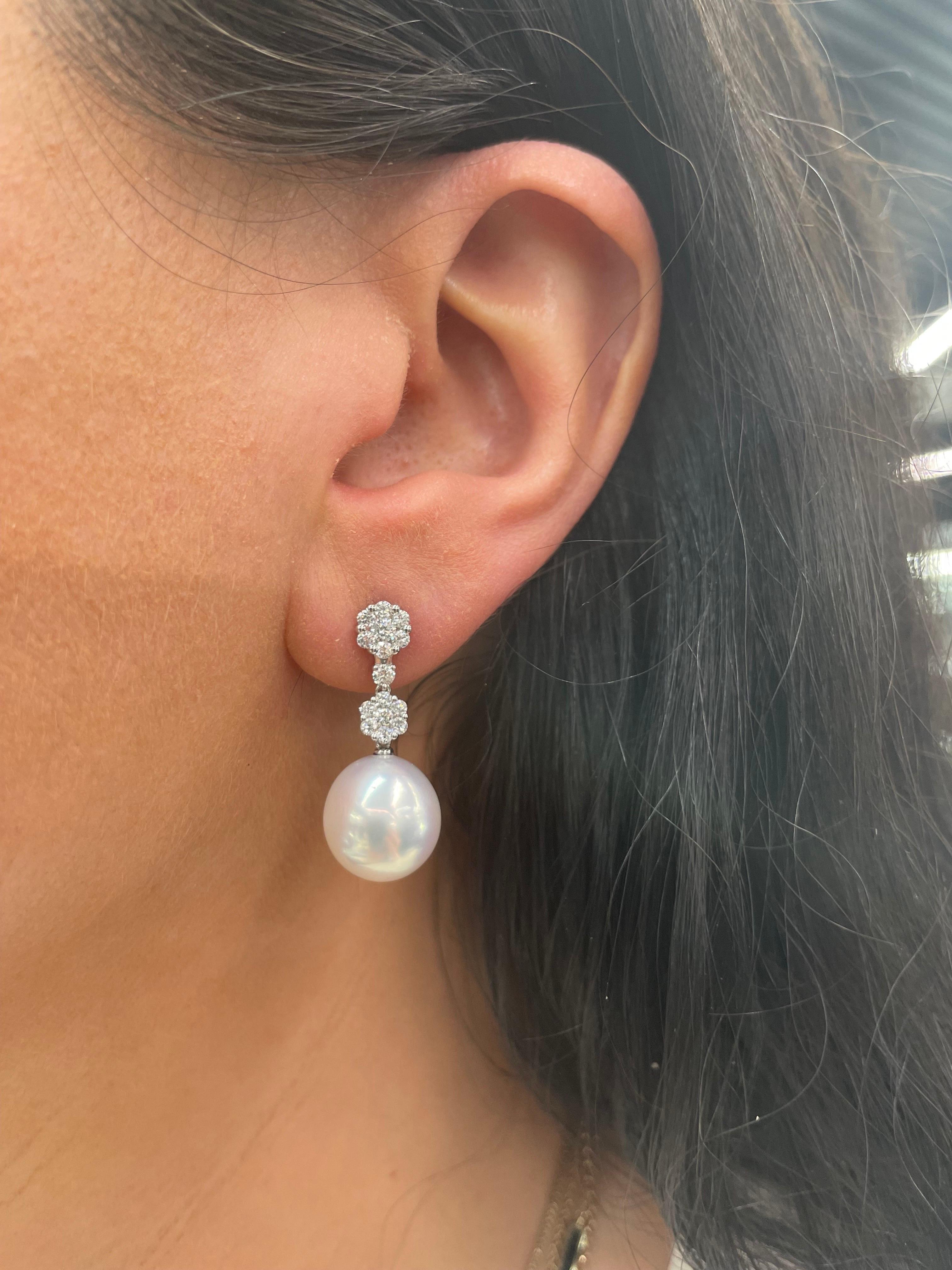 South Sea Pearl Diamond Cluster Drop Earrings 0.79 Carats 18K White Gold In New Condition For Sale In New York, NY