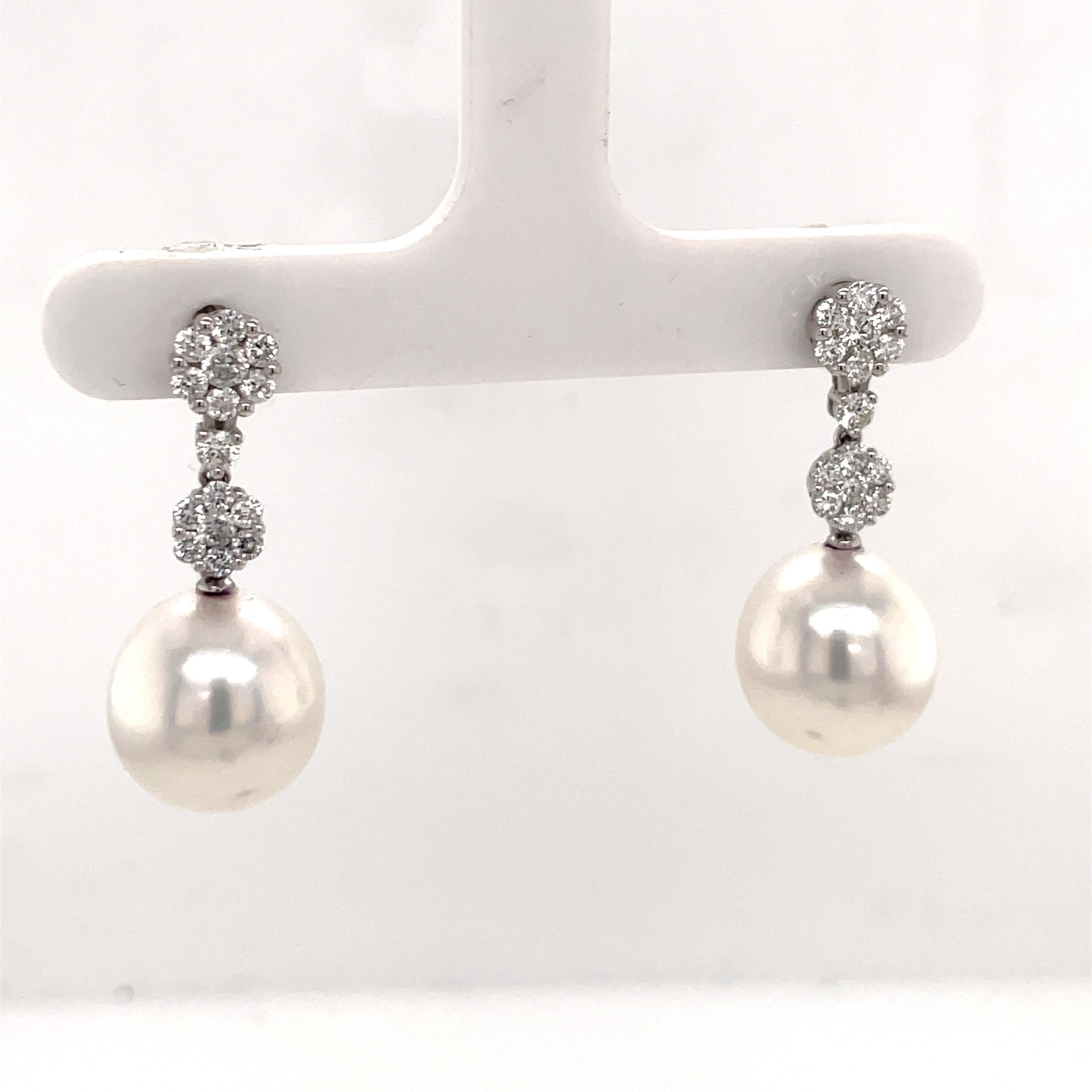 Women's South Sea Pearl Diamond Cluster Drop Earrings 0.79 Carats 18K White Gold For Sale