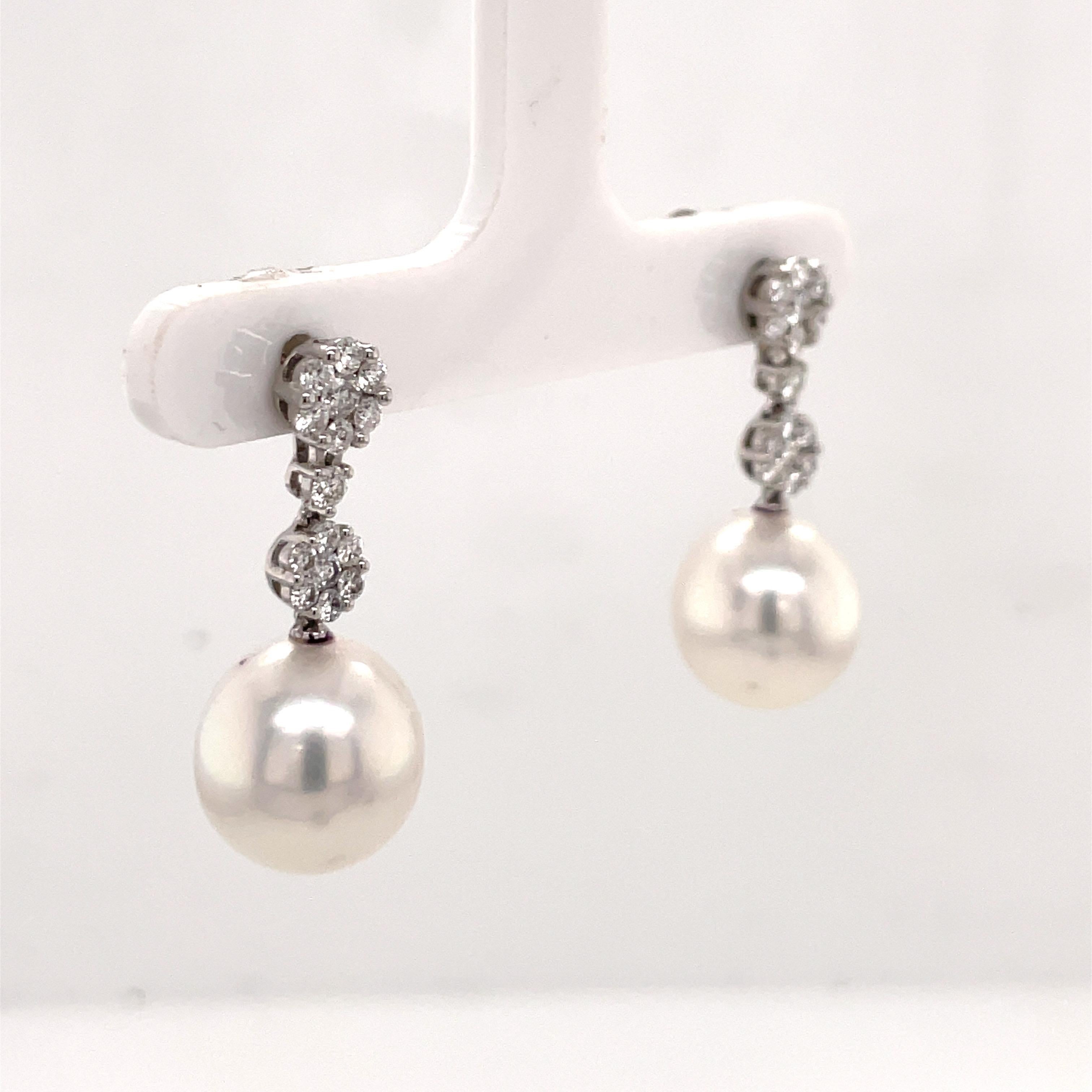 South Sea Pearl Diamond Cluster Drop Earrings 0.79 Carats 18K White Gold For Sale 1