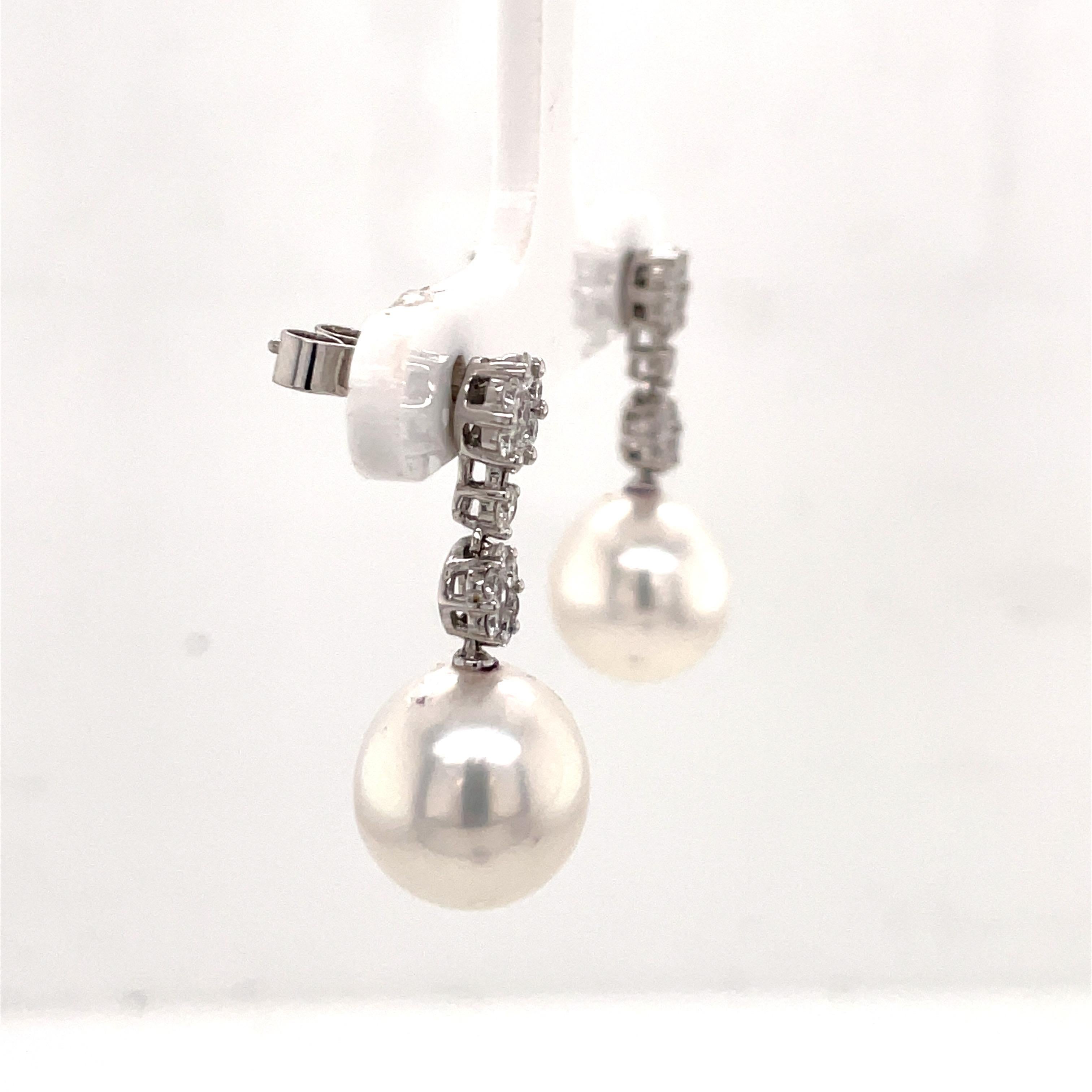 South Sea Pearl Diamond Cluster Drop Earrings 0.79 Carats 18K White Gold For Sale 2