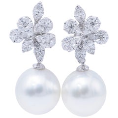 South Sea Pearl Diamond Cluster Earrings 2.14 Carat 18 Karat White Gold