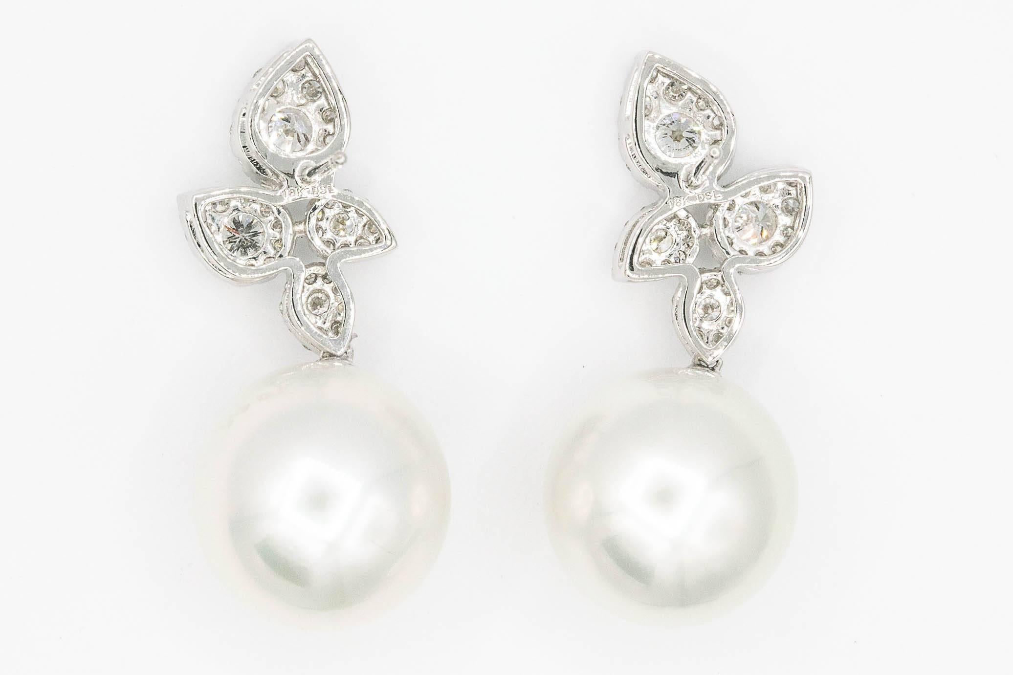 Women's South Sea Pearl Diamond Cluster Leaf Earrings 1.05 Carat 18 Karat