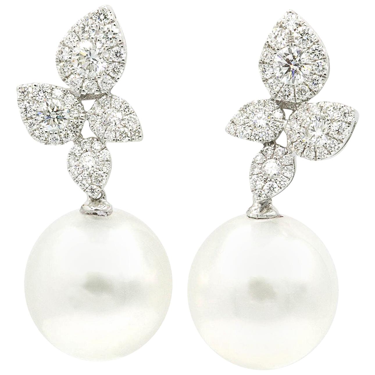 South Sea Pearl Diamond Cluster Leaf Earrings 1.05 Carat 18 Karat