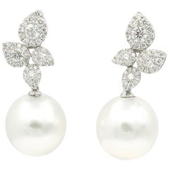 South Sea Pearl Diamond Cluster Leaf Earrings 1.05 Carat 18 Karat