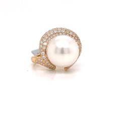 South Sea Pearl Diamond Halo Cocktail Ring 0.84 Carats 13-14MM 4.9 Grams