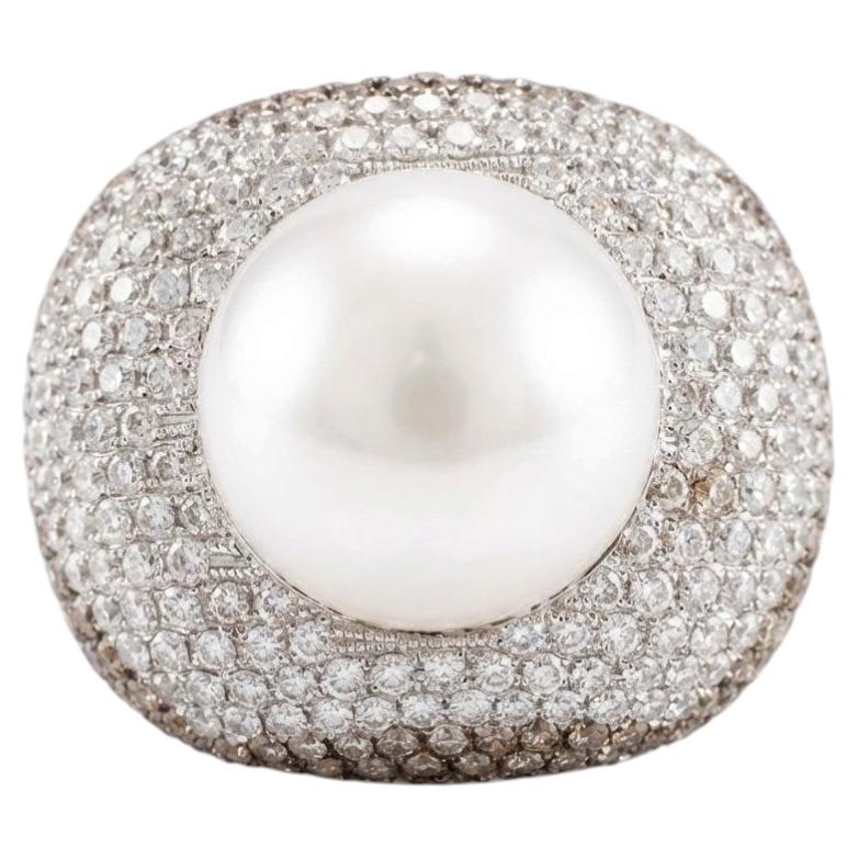 Südsee Perle Diamant Cocktail Ring 6,90 Karat 18K Weißgold Pavé Design im Angebot