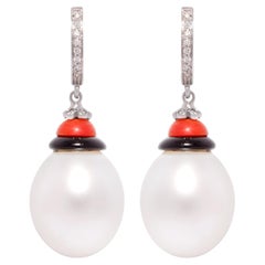 South Sea Pearl Diamond Coral Onyx Drop Earrings Déco Hoop Design by Ella Gafter