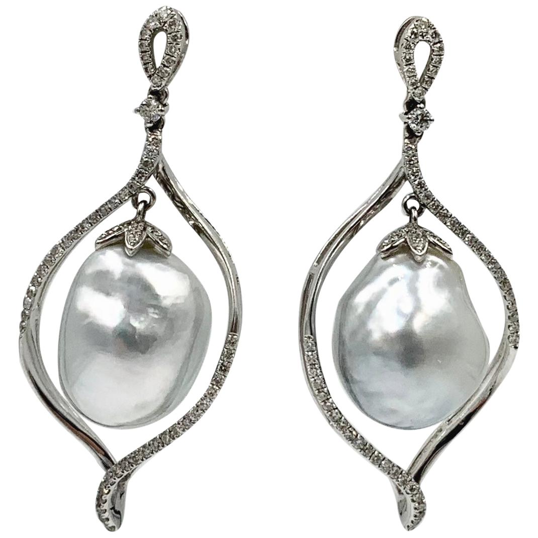 South Sea Pearl Diamond Dangle Drop Earrings 18 Karat White Gold