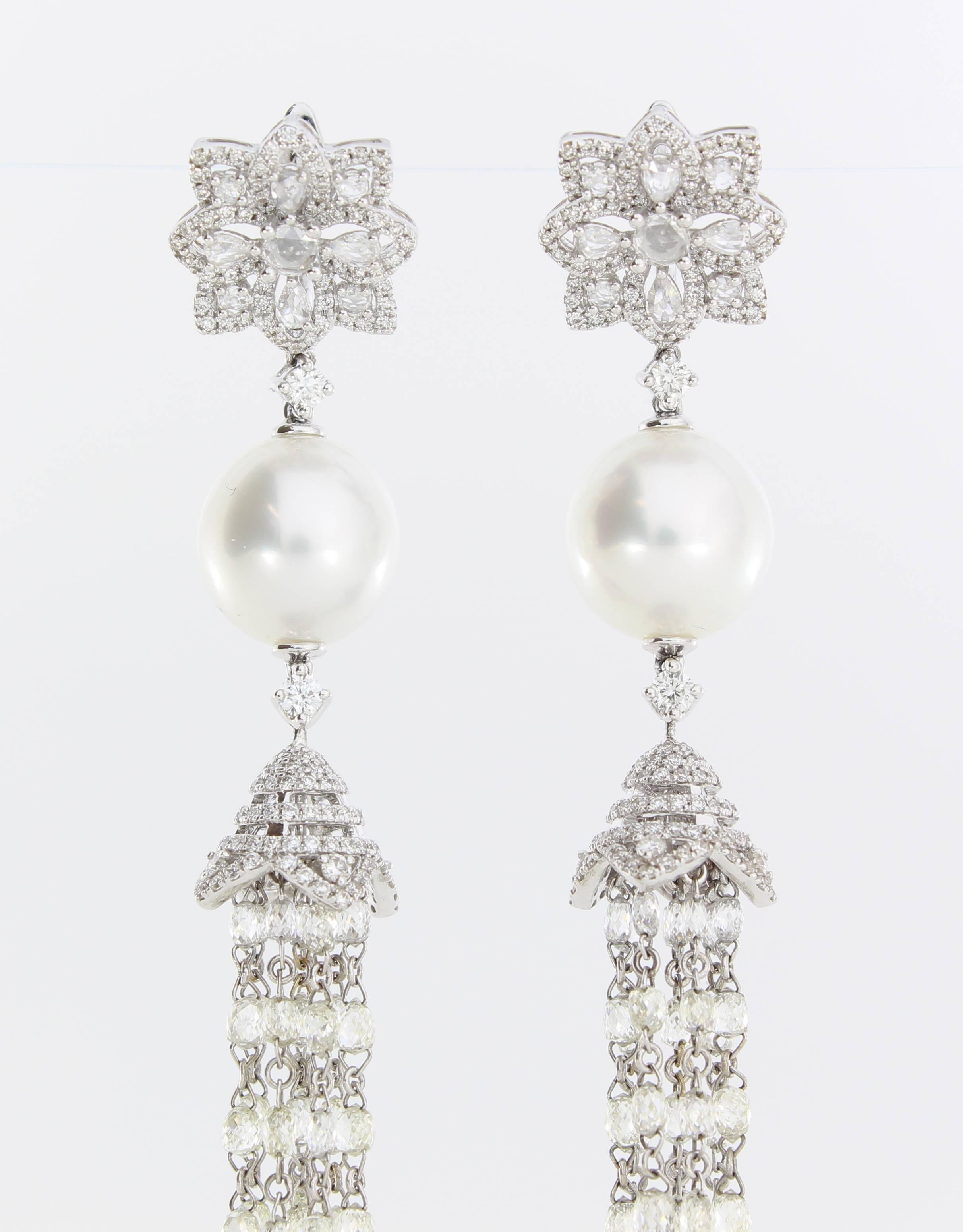 The Comet Earrings are from the AUTORE Stars & Galaxies Collection. 
This piece is crafted in 18k White Gold with White Diamonds (21.542ct Round, Drop, Rose and Briolette Cut) and 12mm Round Near Round White South Sea Pearls. 