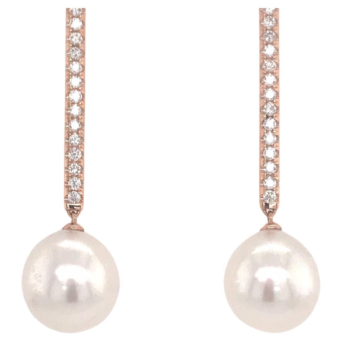 Südseeperlen-Diamant-Tropfen-Bar-Ohrringe 0,63 Karat 18 Karat Roségold 12-13 MM (Rundschliff) im Angebot