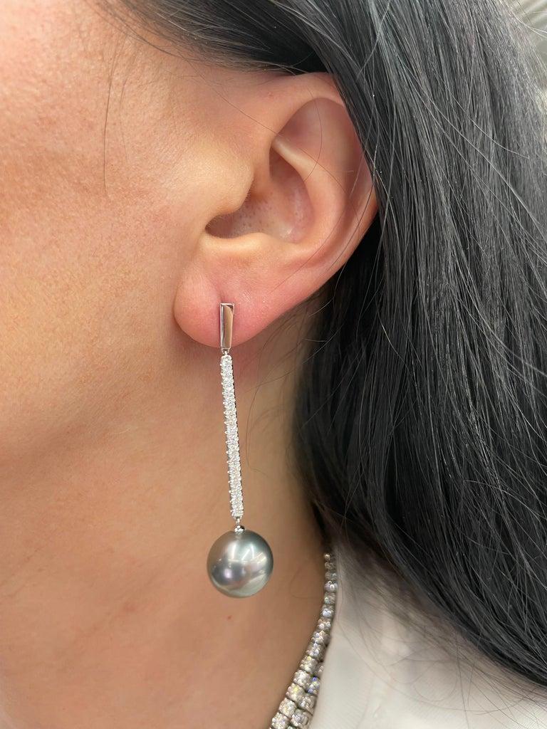South Sea Pearl Diamond Drop Bar Earrings 0.63 Carat 18 Karat Rose Gold 12-13 MM For Sale 2