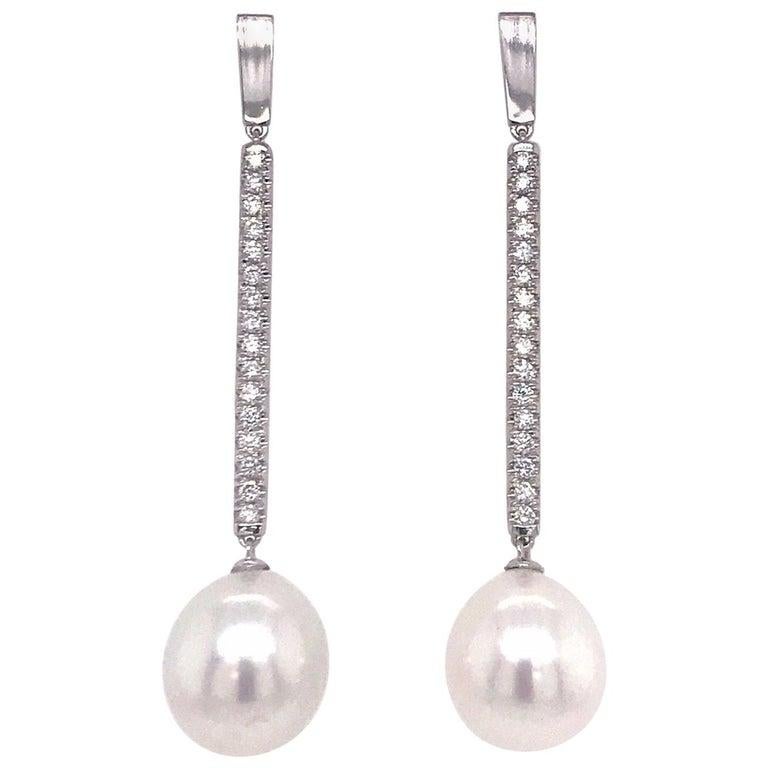 Women's South Sea Pearl Diamond Drop Bar Earrings 0.63 Carat 18 Karat Rose Gold 12-13 MM For Sale