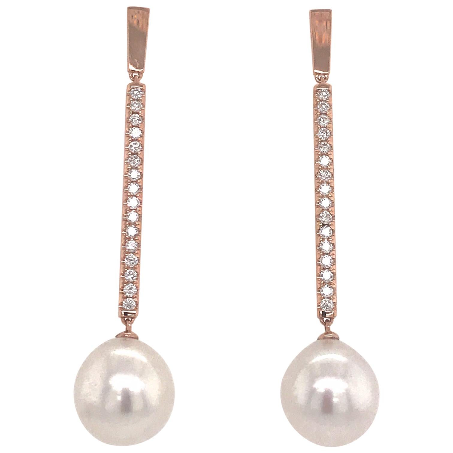 South Sea Pearl Diamond Bar Drop Earrings 0.43 Carat 18 Karat Rose Gold