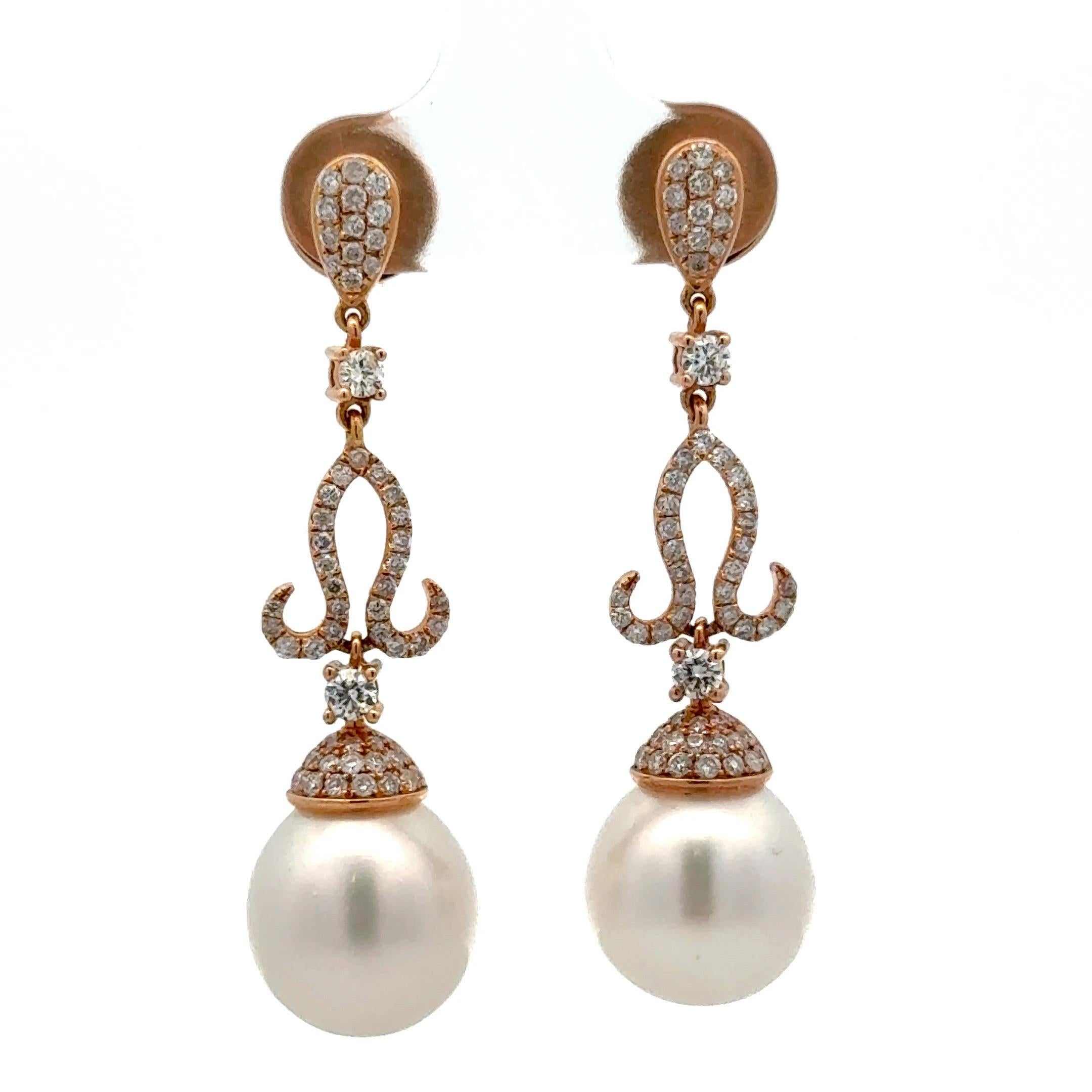 Contemporary South Sea Pearl Diamond Drop Dangle Earrings 18KT Rose Gold 1.04 CTS 11-12 MM For Sale