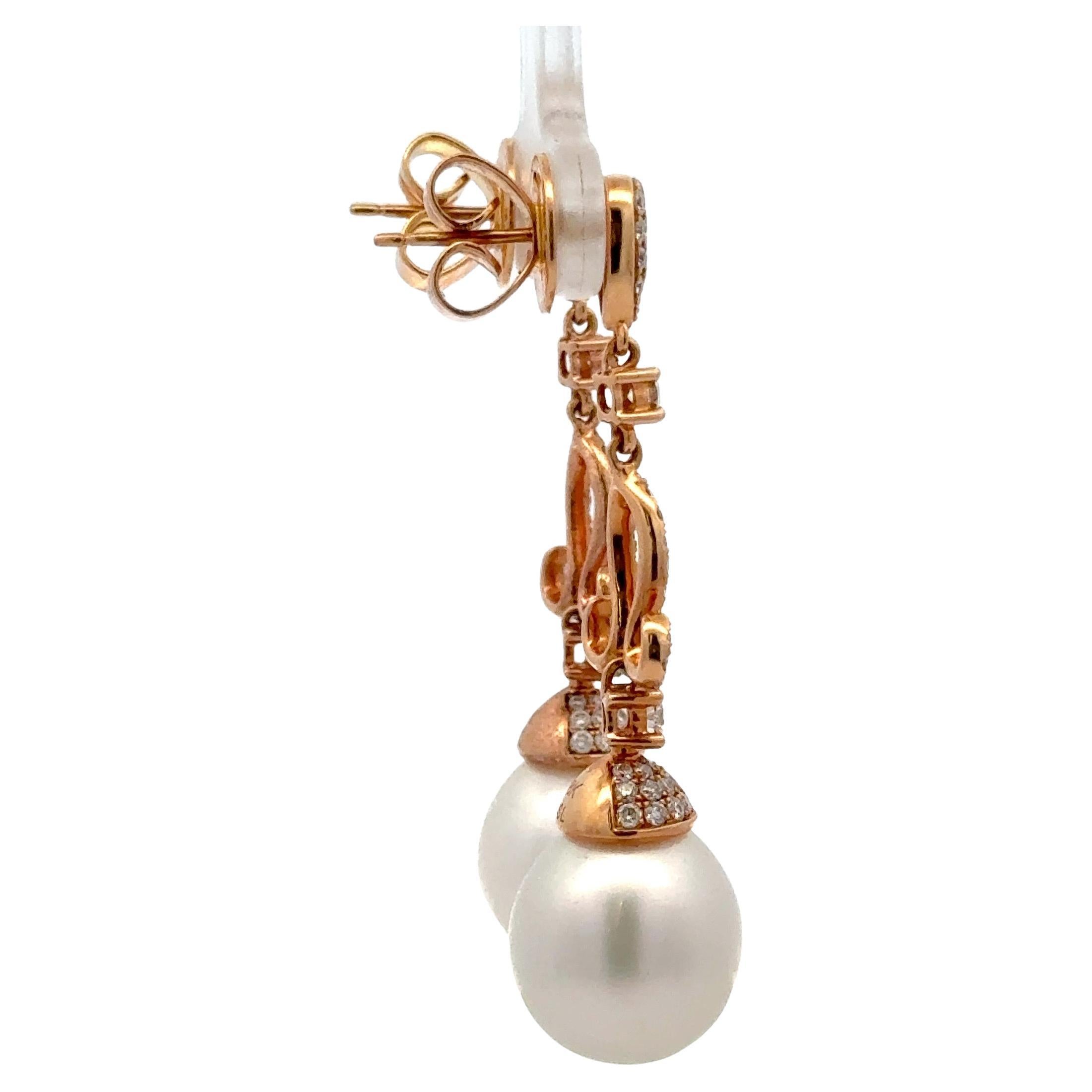 Round Cut South Sea Pearl Diamond Drop Dangle Earrings 18KT Rose Gold 1.04 CTS 11-12 MM For Sale