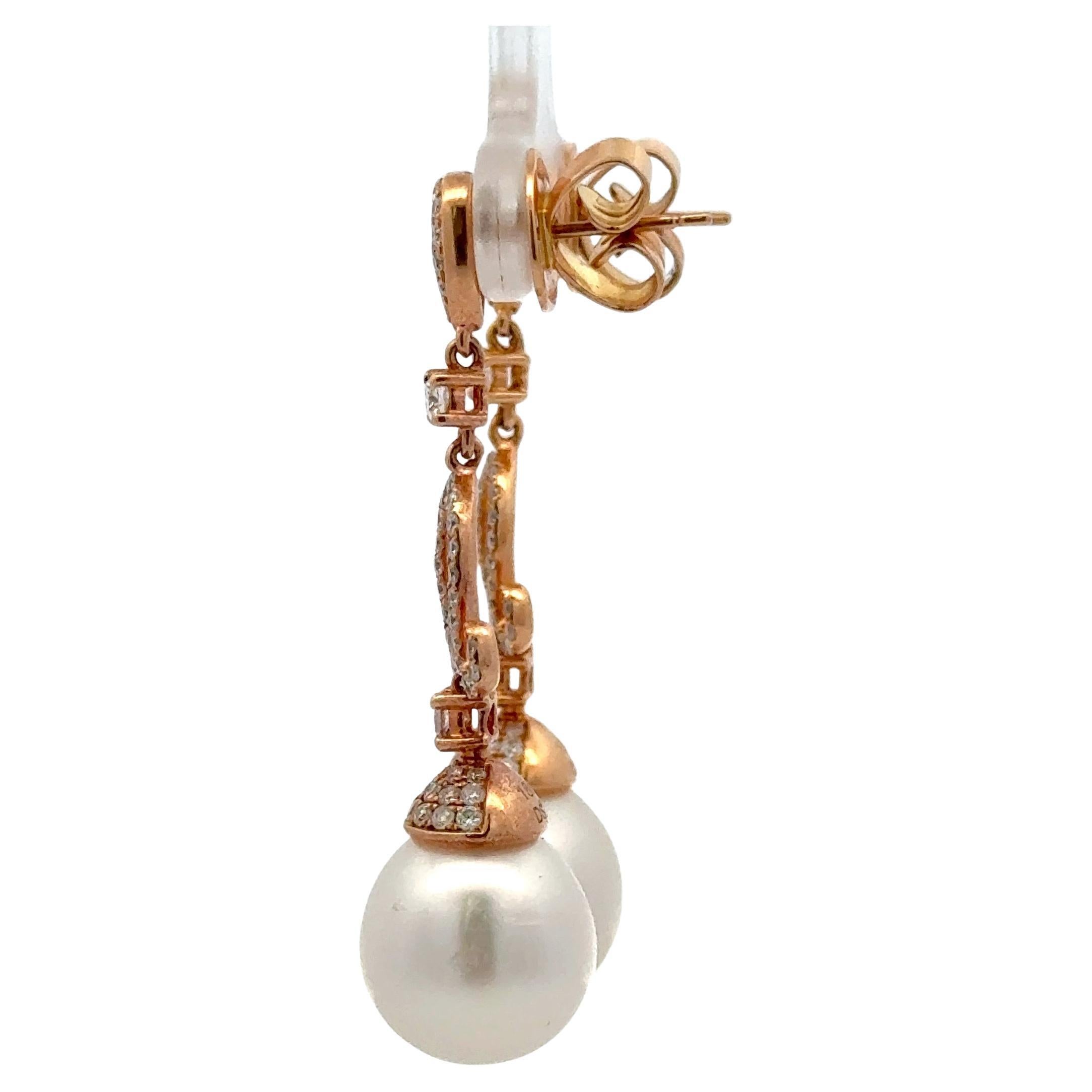 South Sea Pearl Diamond Drop Dangle Earrings 18KT Rose Gold 1.04 CTS 11-12 MM In New Condition For Sale In New York, NY