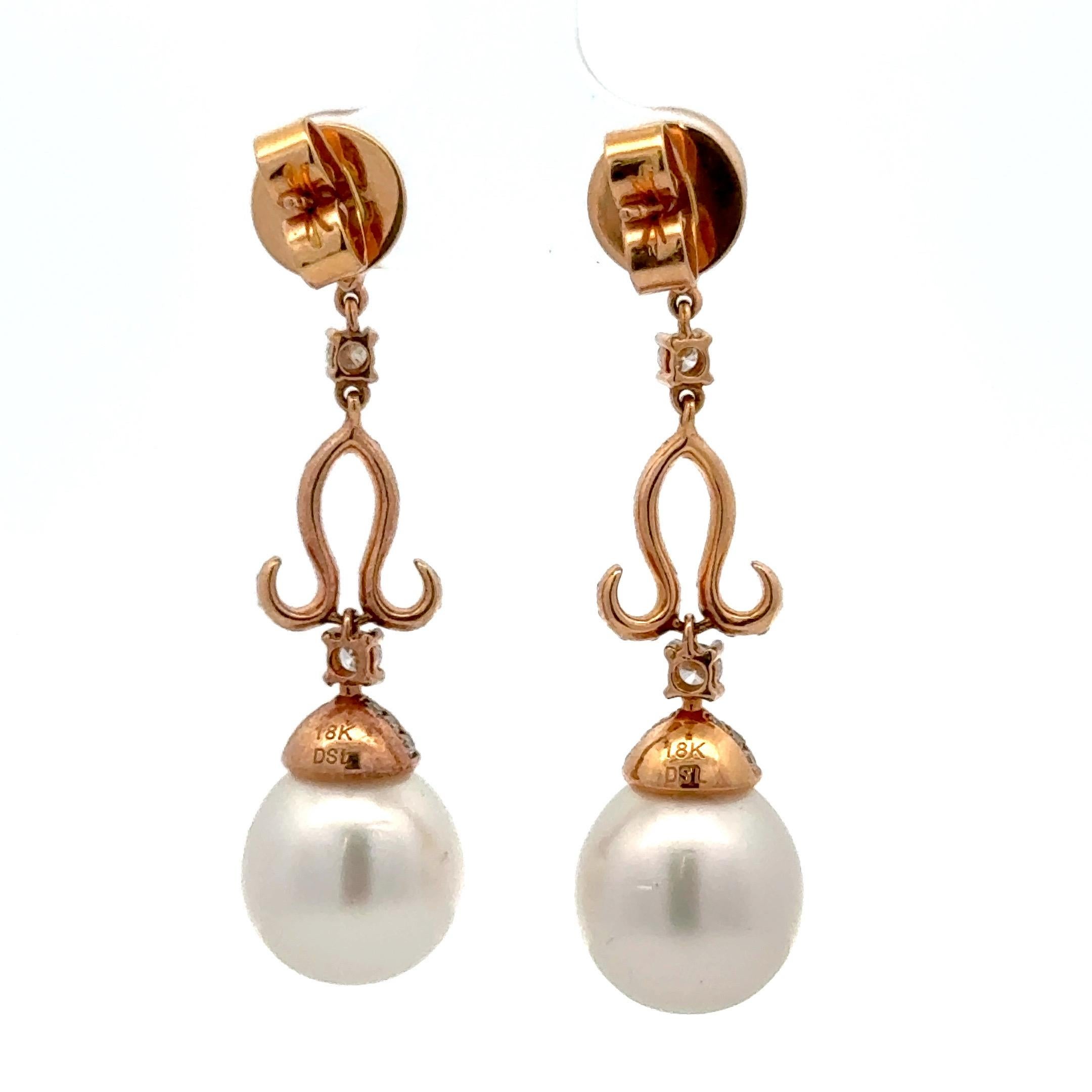 Women's South Sea Pearl Diamond Drop Dangle Earrings 18KT Rose Gold 1.04 CTS 11-12 MM For Sale