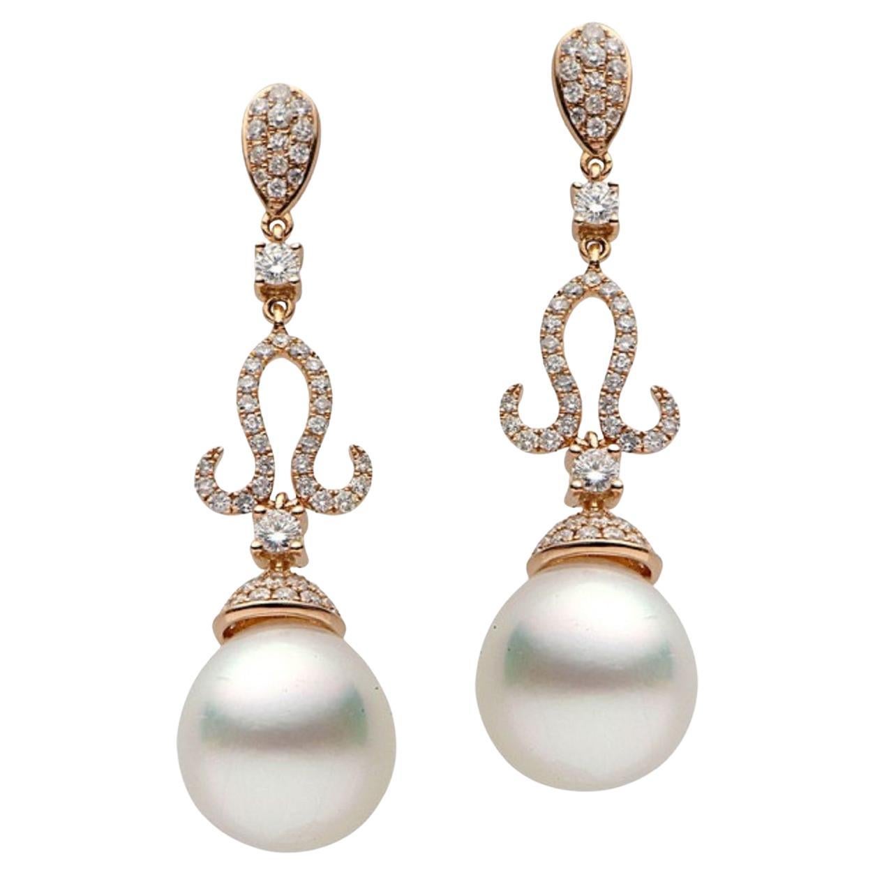 South Sea Pearl Diamond Drop Dangle Earrings 18KT Rose Gold 1.04 CTS 11-12 MM