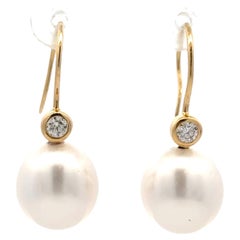 South Sea Pearl Diamond Drop Earrings 0.20 Carat 18 Karat Yellow Gold