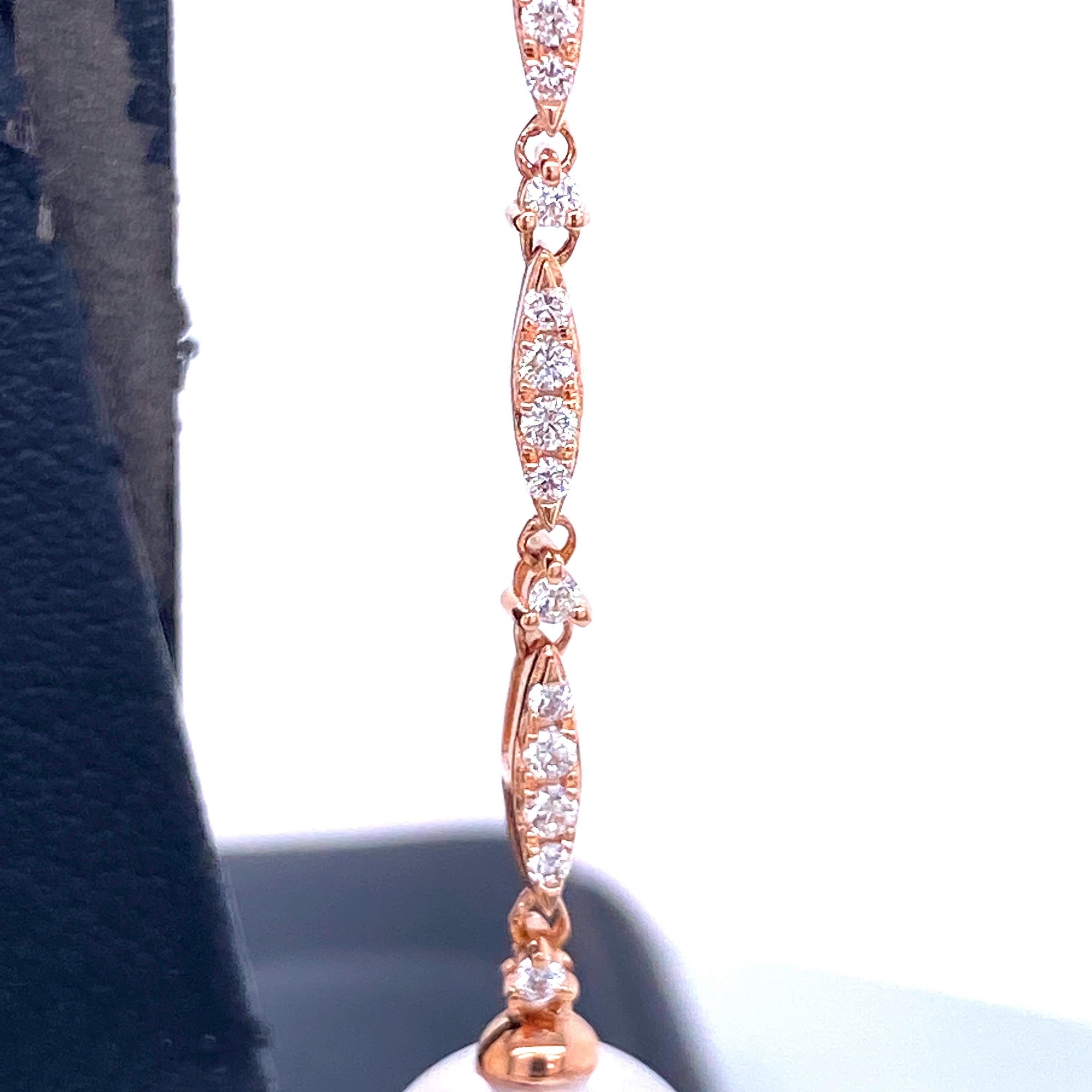 South Sea Pearl Diamond Drop Earrings 0.42 Carat 18 Karat Rose Gold In New Condition For Sale In New York, NY
