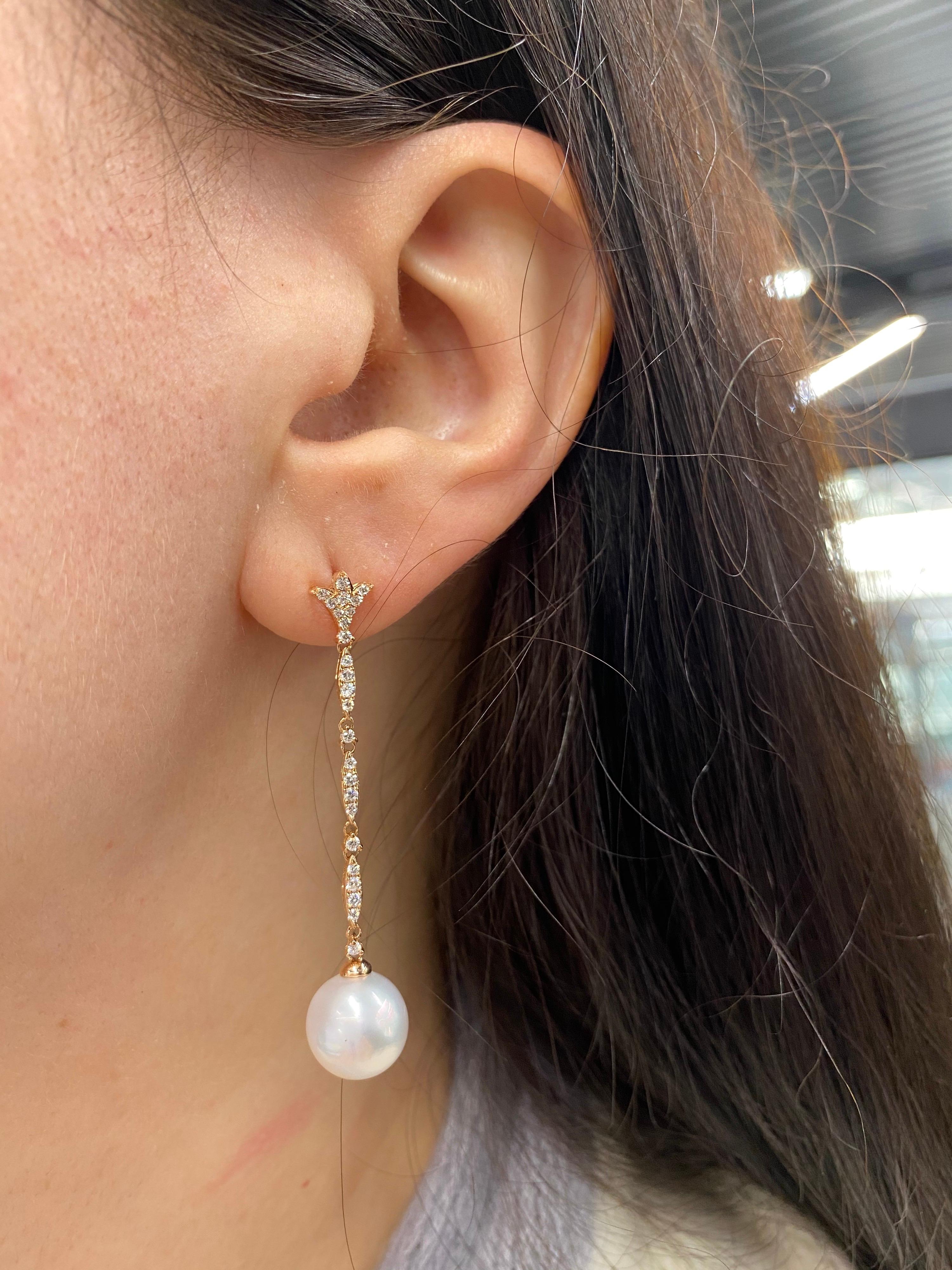 South Sea Pearl Diamond Drop Earrings 0.42 Carat 18 Karat Rose Gold For Sale 2