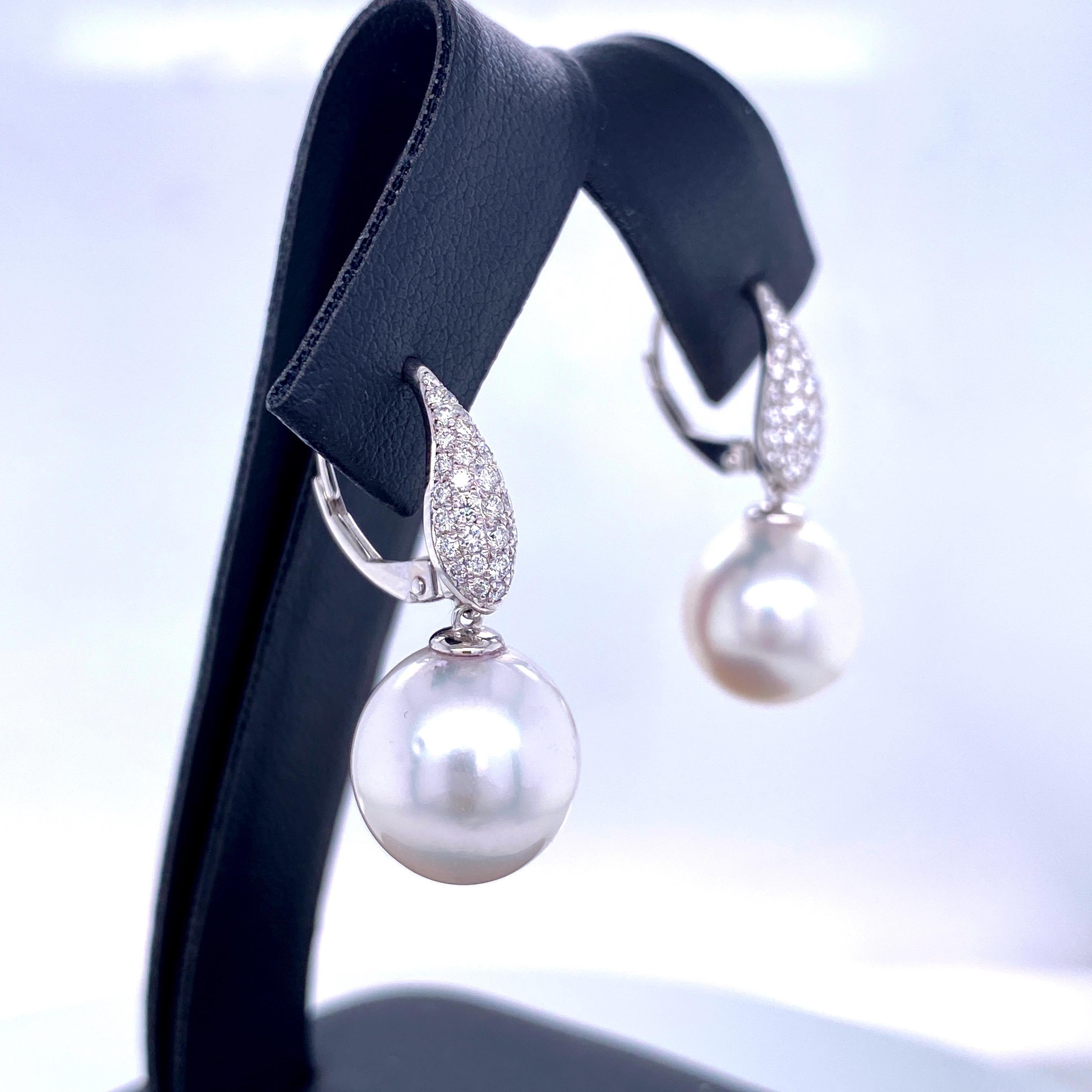 Women's South Sea Pearl Diamond Drop Earrings 0.45 Carat 18 Karat White Gold For Sale