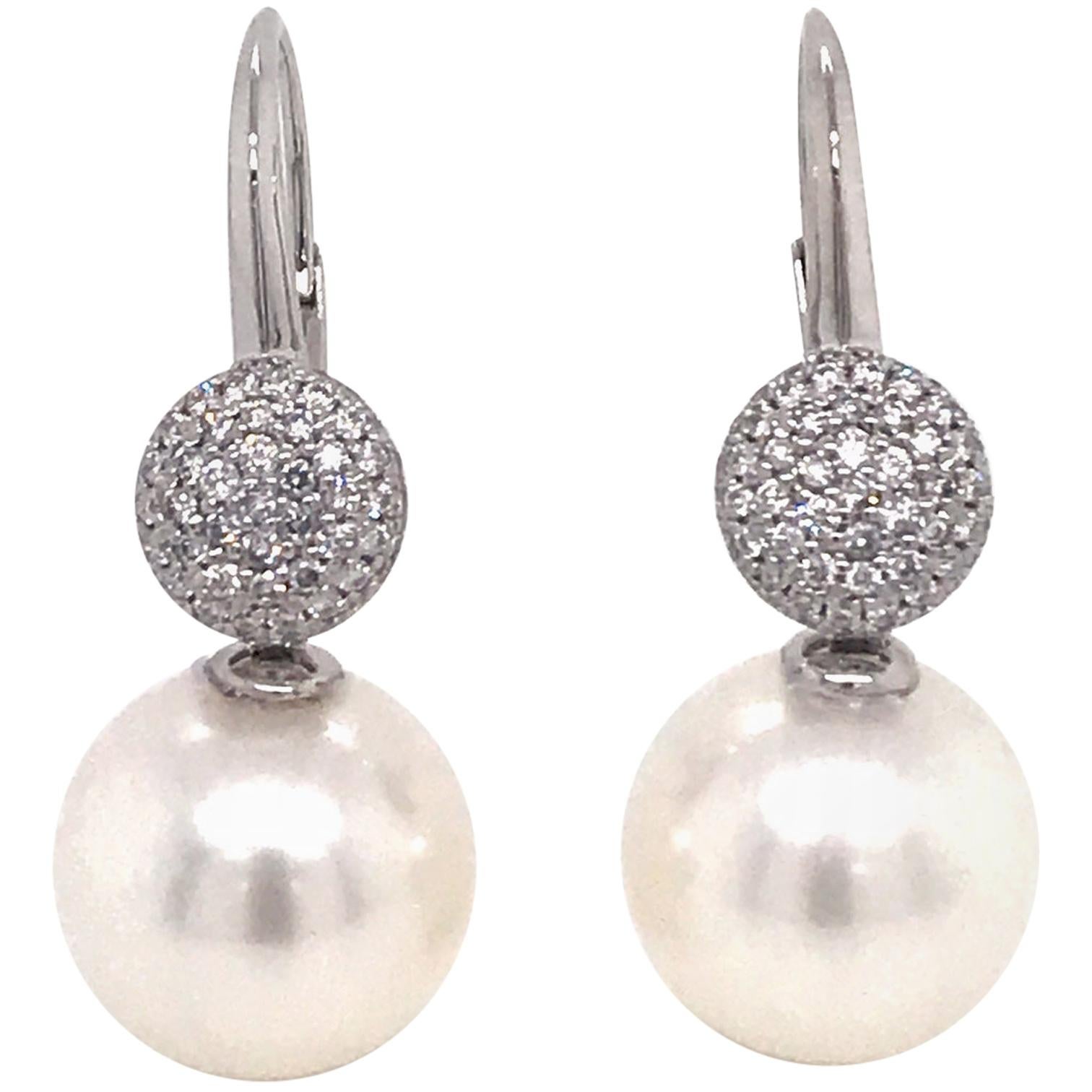 South Sea Pearl Diamond Drop Earrings 0.47 Carat 18 Karat White Gold