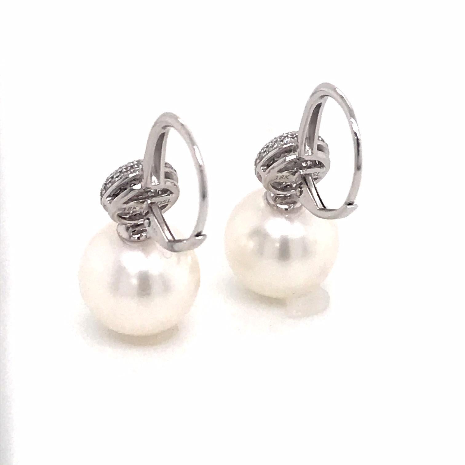 South Sea Pearl Diamond Drop Earrings 0.47 Carat 18 Karat White Gold For Sale 5