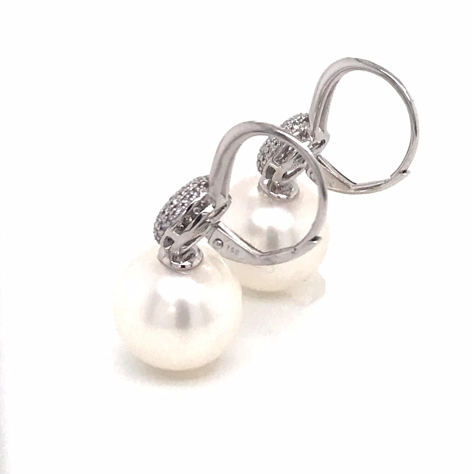 South Sea Pearl Diamond Drop Earrings 0.47 Carat 18 Karat White Gold For Sale 6