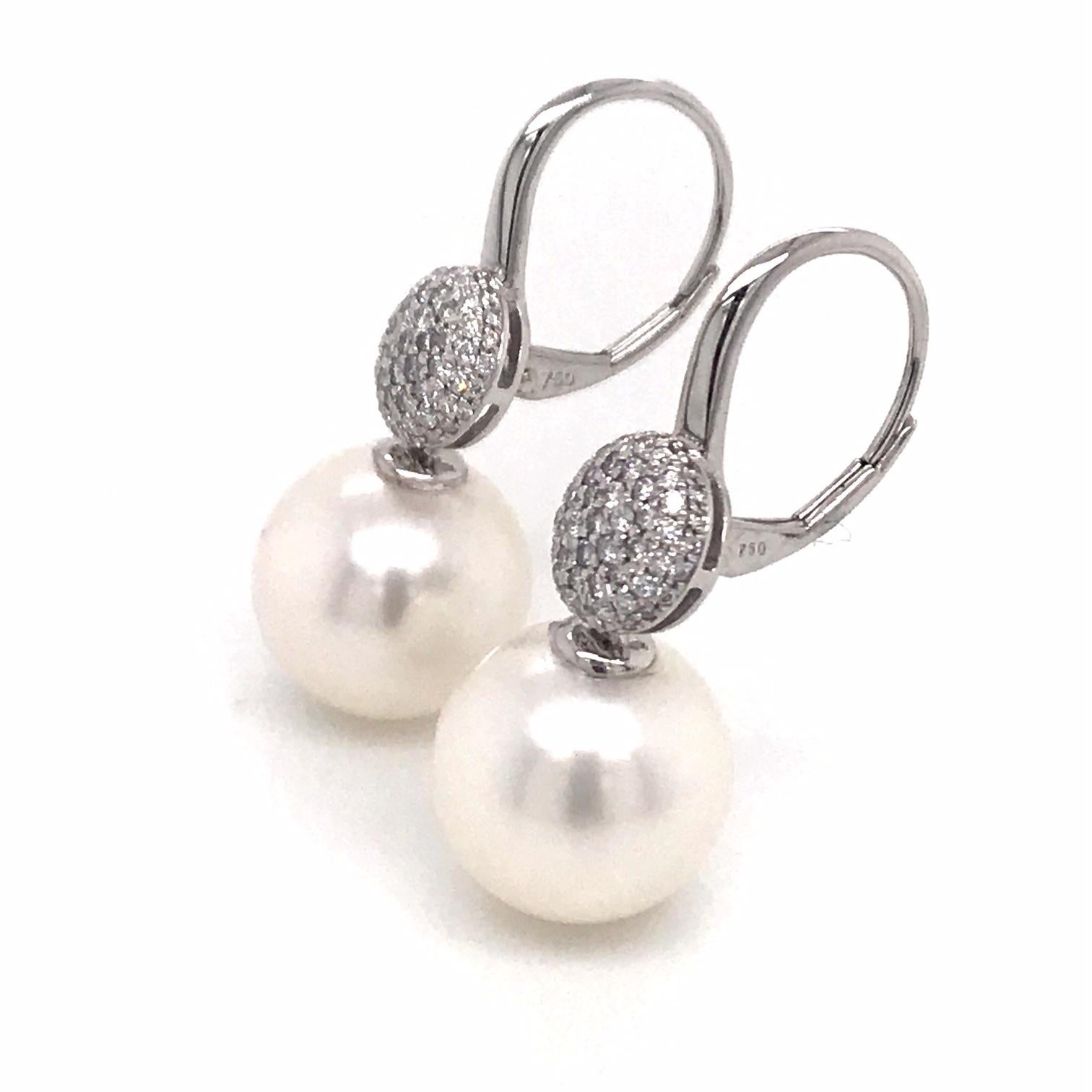 South Sea Pearl Diamond Drop Earrings 0.47 Carat 18 Karat White Gold For Sale 7