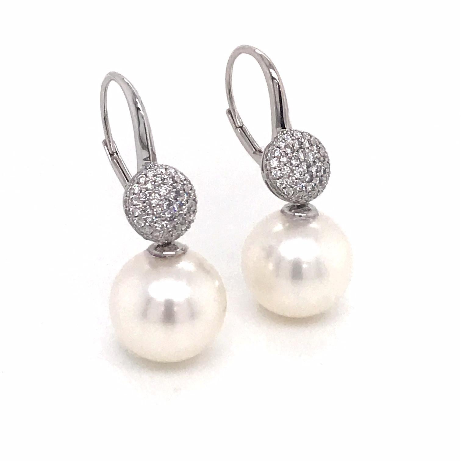 Contemporary South Sea Pearl Diamond Drop Earrings 0.47 Carat 18 Karat White Gold For Sale