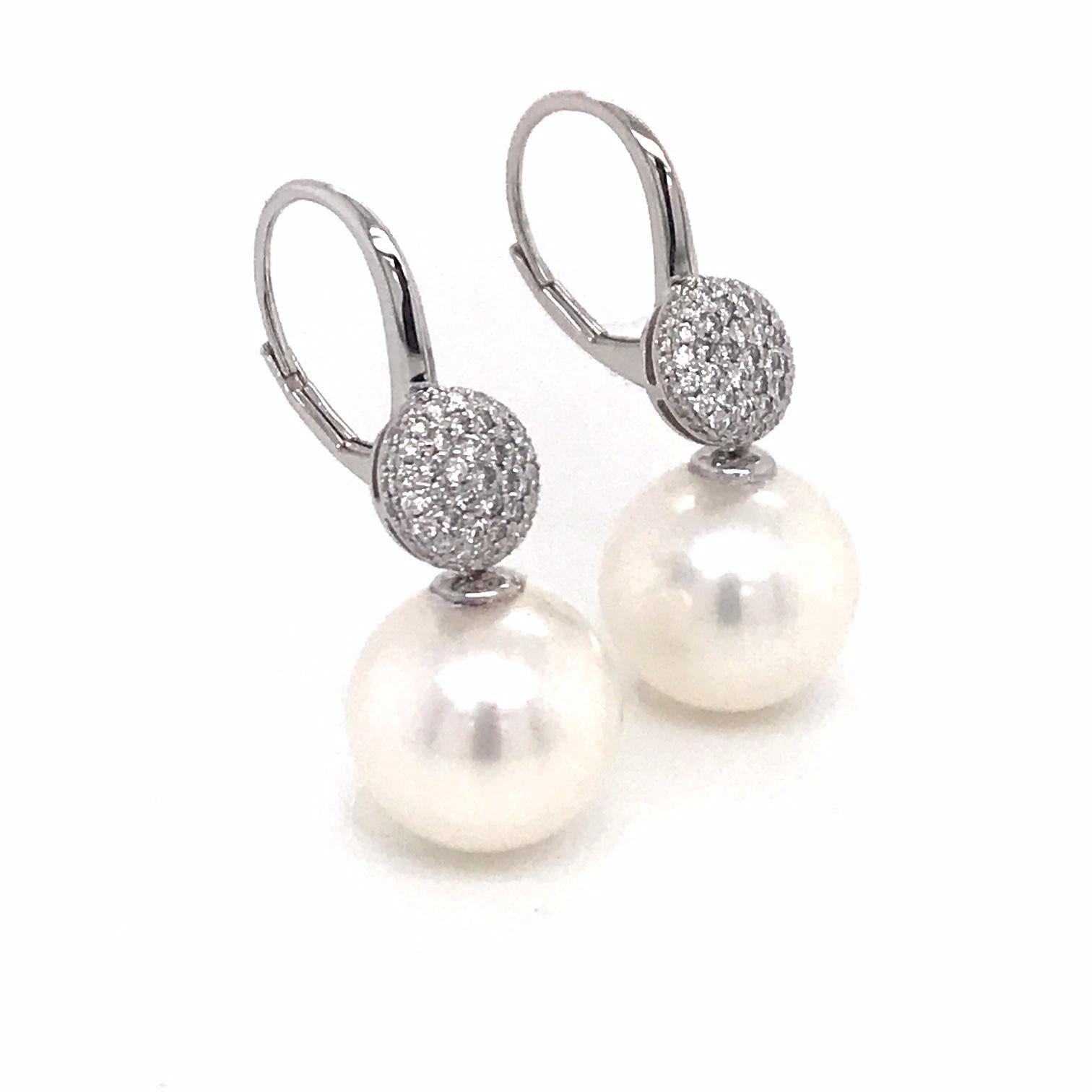 Round Cut South Sea Pearl Diamond Drop Earrings 0.47 Carat 18 Karat White Gold For Sale