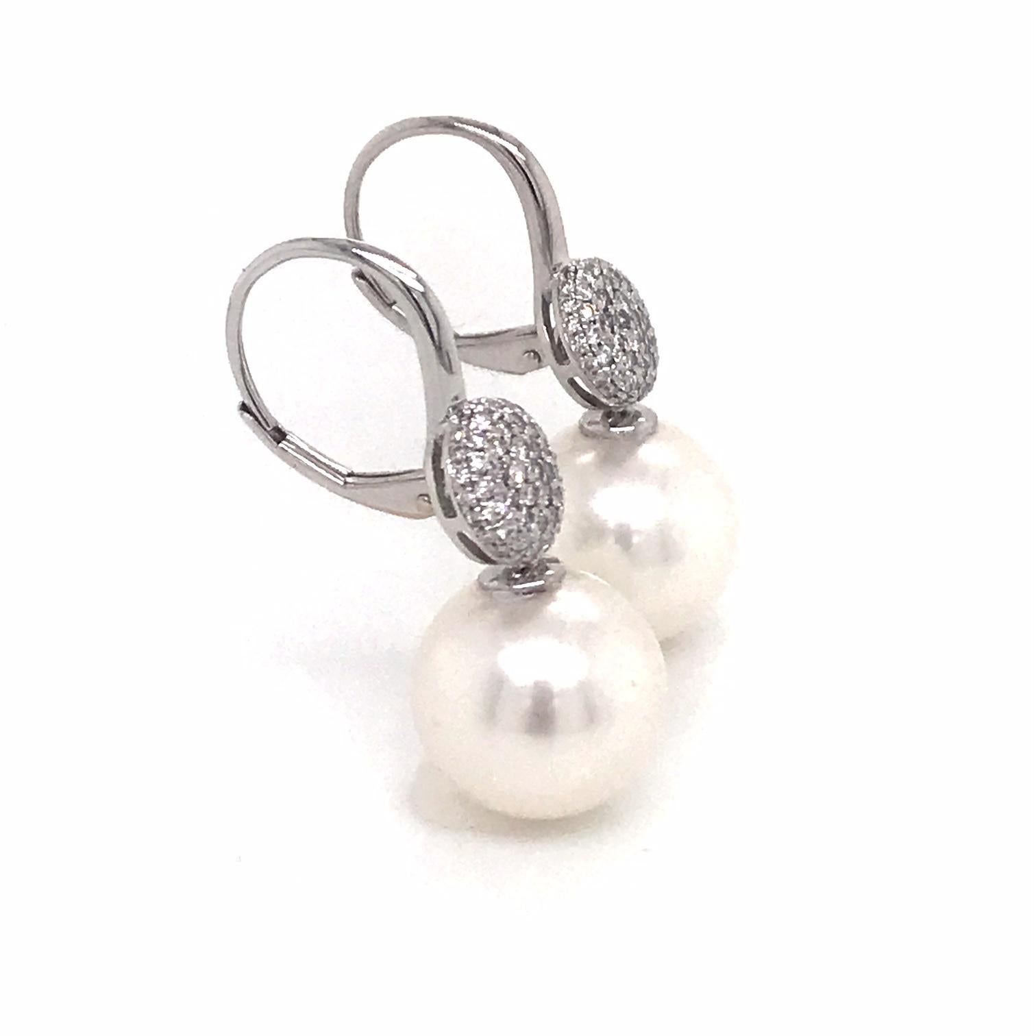 Women's South Sea Pearl Diamond Drop Earrings 0.47 Carat 18 Karat White Gold For Sale