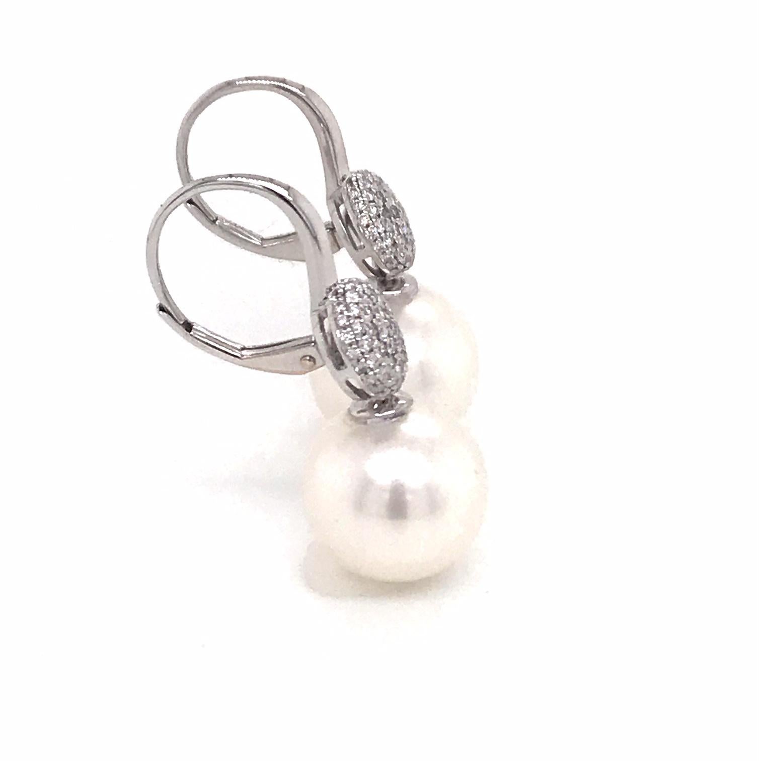 South Sea Pearl Diamond Drop Earrings 0.47 Carat 18 Karat White Gold For Sale 1
