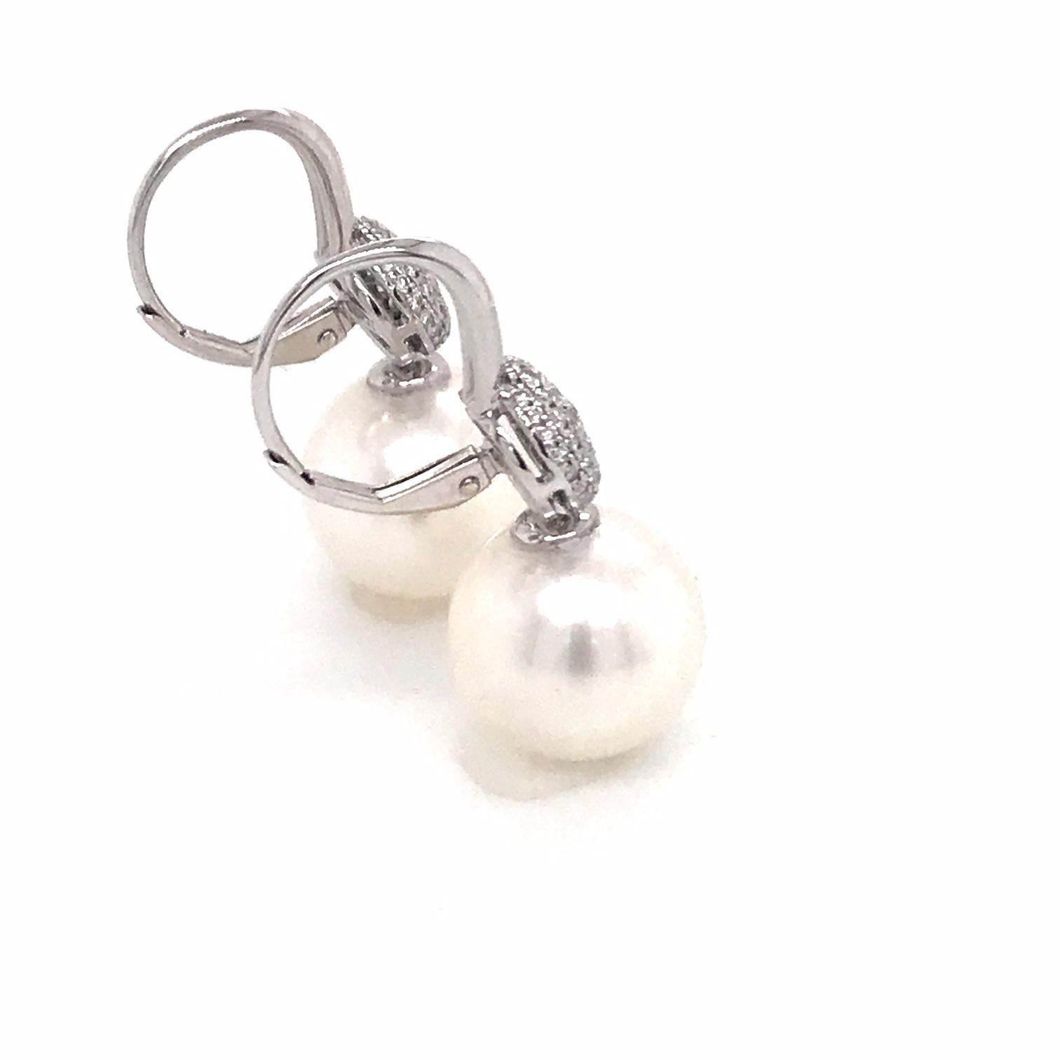 South Sea Pearl Diamond Drop Earrings 0.47 Carat 18 Karat White Gold For Sale 2